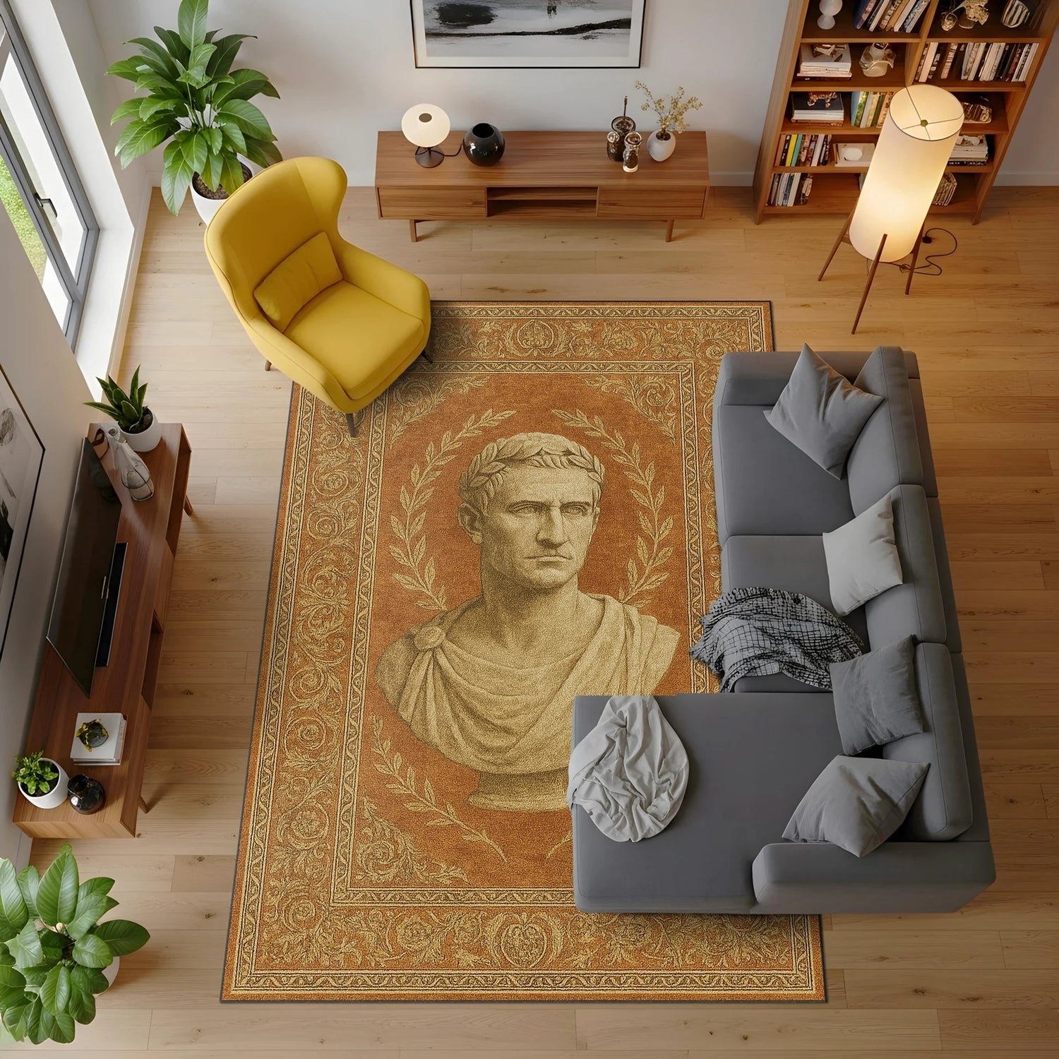 Altın ve toprak tonlarının hâkim olduğu zemin üzerinde merkezde antik Roma stilinde erkek heykel büstü bulunan dekoratif halı; mermer doku hissi veren portre detayları, defne yapraklı çelenk motifi, simetrik klasik çerçeve ve zengin dokuma desen yapısı.