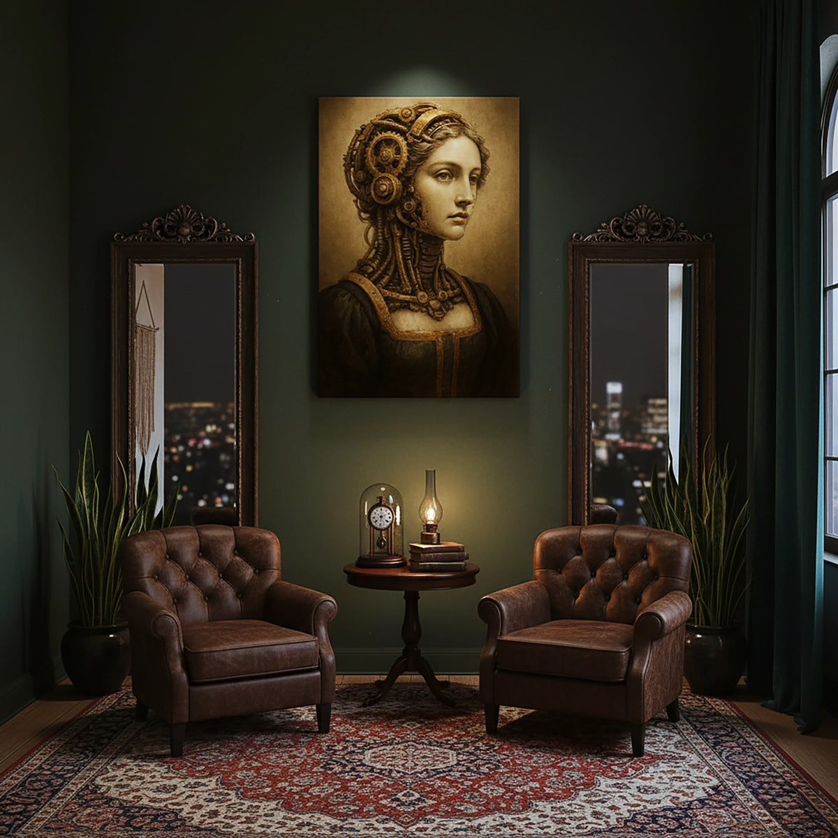 Çerçevesiz kanvas tablo, steampunk tarzında mekanik dişliler ve vintage kadın portresiyle tasarlanmış sanatsal duvar dekoru sunar. Sepya tonlu yüksek çözünürlüklü baskı kalitesi sağlayan FabricUp dijital baskı, modern dekorasyon ve klasik estetik arayanlar için premium bir seçimdir.