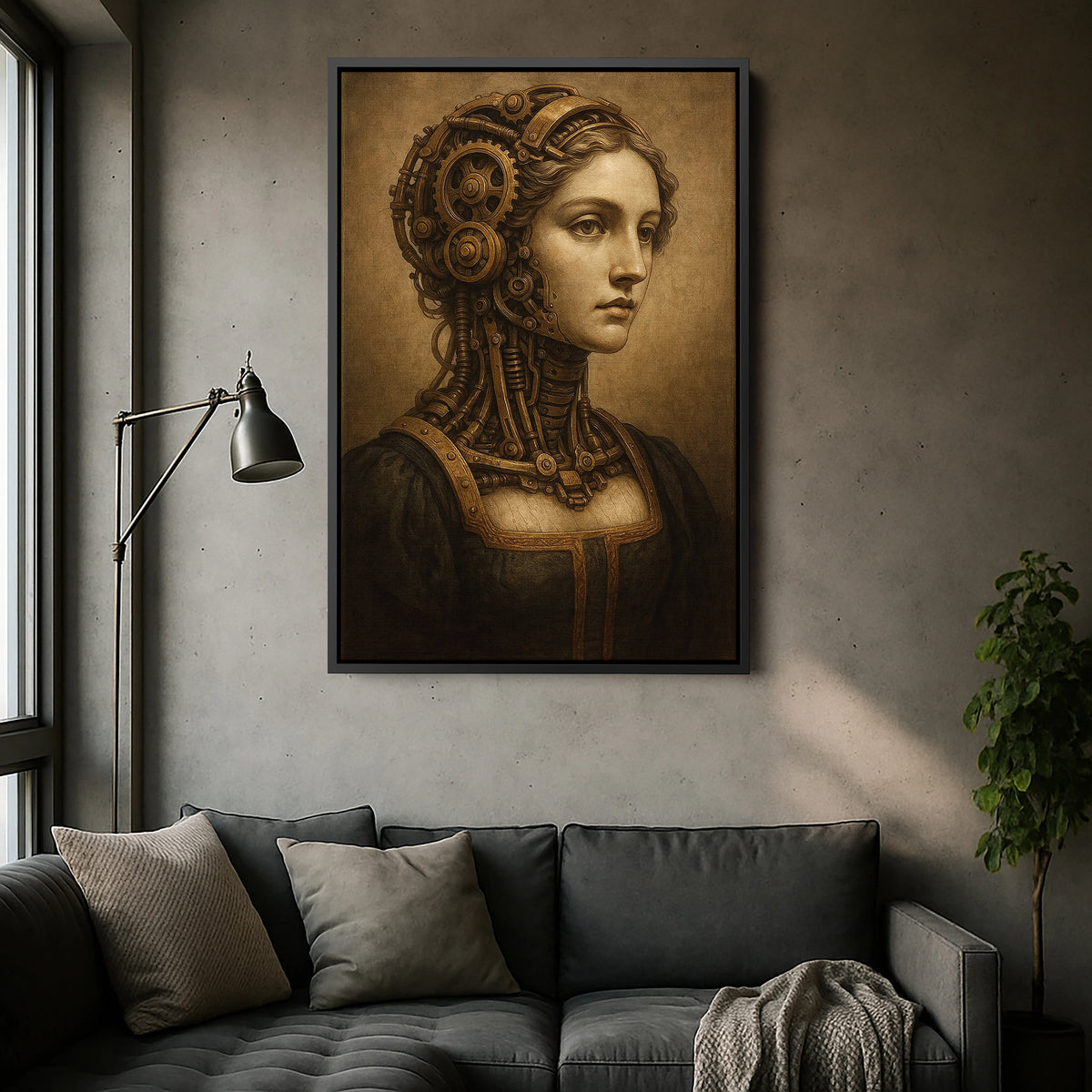 Siyah çerçeveli kanvas tablo, retro bilim kurgu esintili steampunk portre ve metalik detaylarla güçlü kontrast oluşturan dekoratif duvar dekoru tasarımıdır. Yüksek çözünürlüklü FabricUp dijital baskı teknolojisi sayesinde net, derin ve şık bir görünüm sunar.