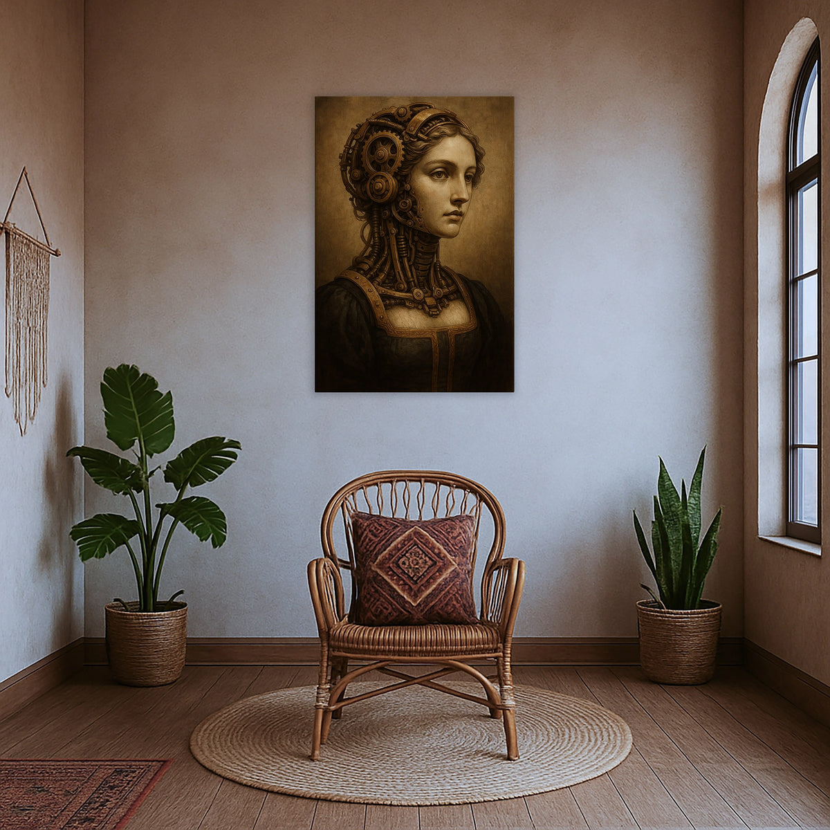 Çerçevesiz modern kanvas tablo, steampunk illüstrasyon, dişli mekanizma detayları ve klasik portre kompozisyonuyla özgün bir sanat eseri görünümü sağlar. FabricUp dijital baskı teknolojisi sayesinde yüksek çözünürlüklü, dayanıklı ve dekoratif duvar dekoru alternatifi oluşturur.