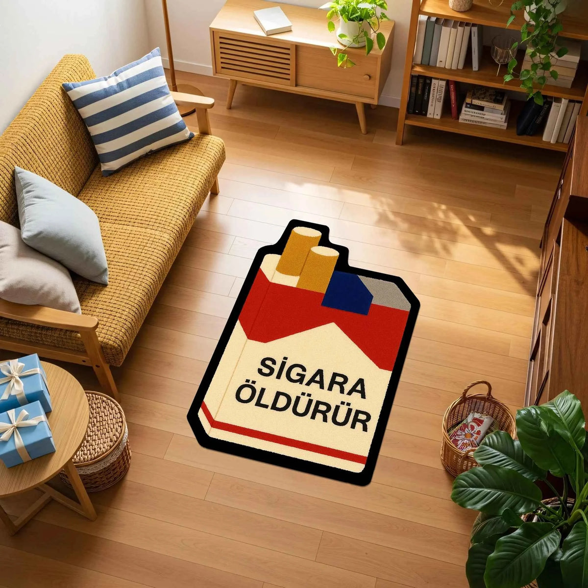 "Sigara Öldürür" Yazılı Paket Formunda Komik Halı | Pop-Art Tasarım Halı