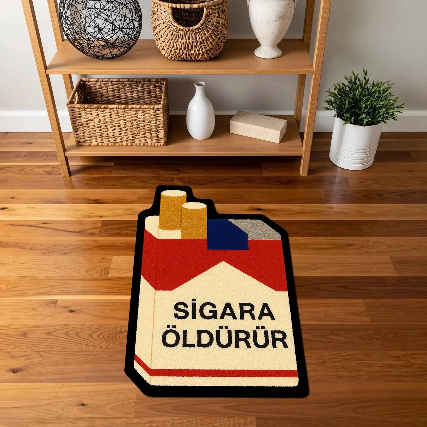 "Sigara Öldürür" Yazılı Paket Formunda Komik Halı | Pop-Art Tasarım Halı