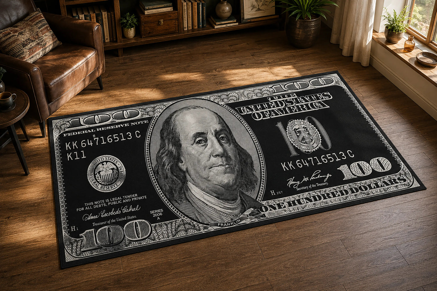 100 Dolar Banknot Baskılı Siyah Altın Halı