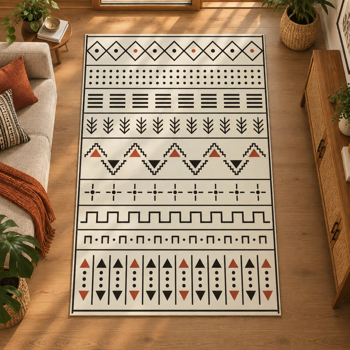 Siyah Beyaz Geometrik Çizgili Bohem Halı | İskandinav Tarzı Modern Salon Halısı