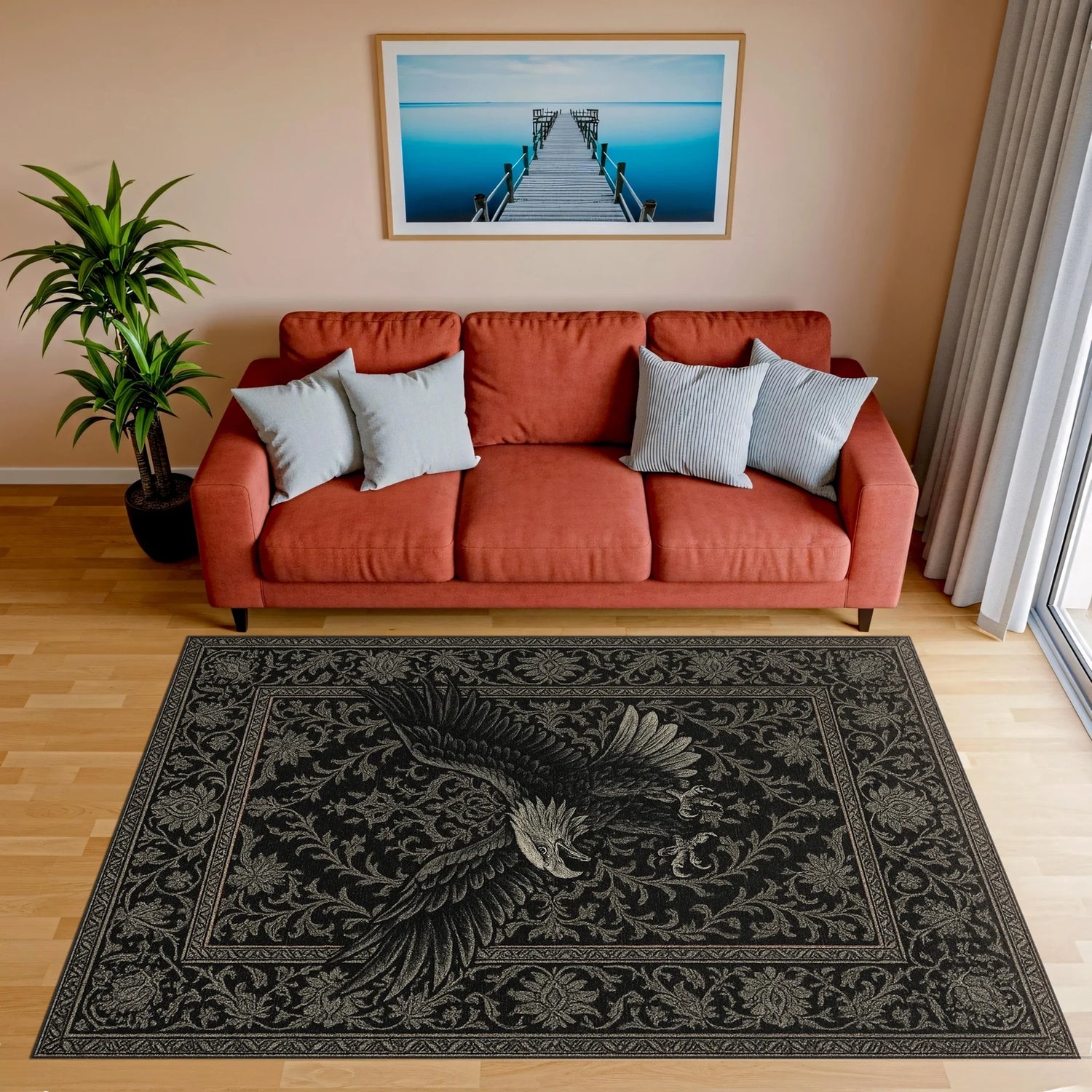 Merkezinde yayılmış kanatlara sahip kartal illüstrasyonu yer alan, antrasit ve siyah tonların hakim olduğu, altın eskitme efektli klasik desen çerçevesiyle sınırlandırılmış, güç ve özgürlük temasını yansıtan, yüksek detaylı figürlü halı tasarımı.
