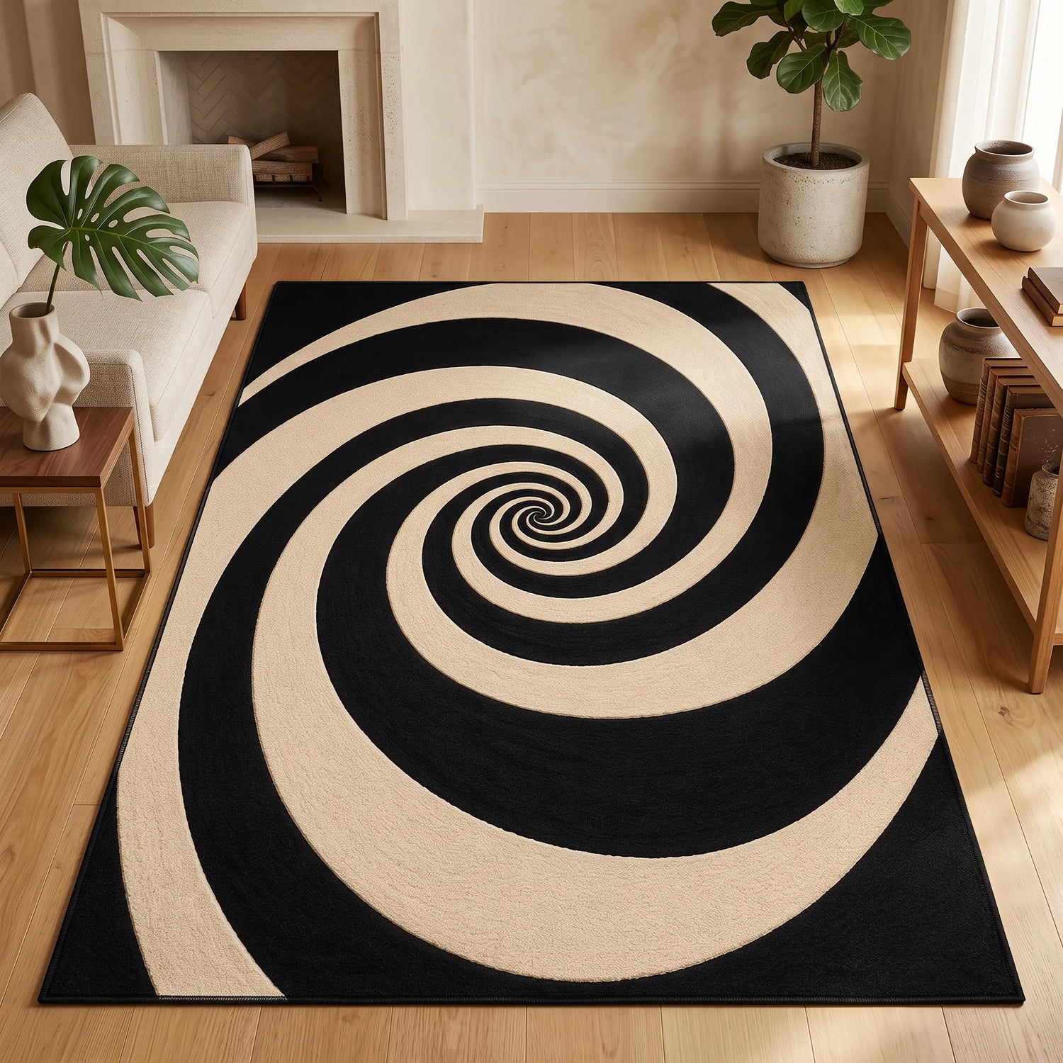 Siyah Krem Spiral Halı – Minimalist Yüksek Kontrast Girdap Desenli
