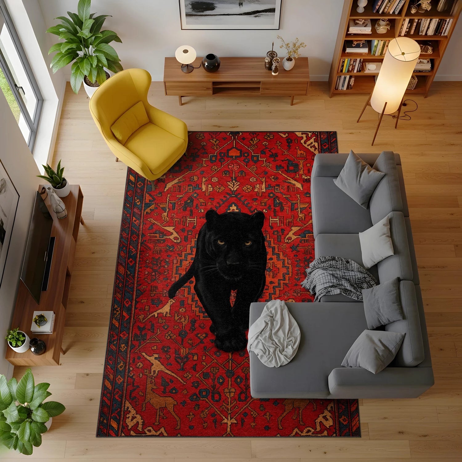 Oryantal desenli kırmızı fon üzerinde yürüyen siyah panter siluetiyle tasarlanmış dekoratif dijital baskı halı, güçlü hayvan figürü ve zengin motif yapısıyla sanatsal bir etki yaratır. Yüksek çözünürlüklü baskı sayesinde detaylar net, renk geçişleri dengeli ve yüzey dokusu belirgindir. Salon, antre, ofis ve genç yaşam alanlarında karakterli bir atmosfer oluşturmak için ideal olan bu tasarım halı, FabricUp koleksiyonunun dikkat çeken parçalarındandır.