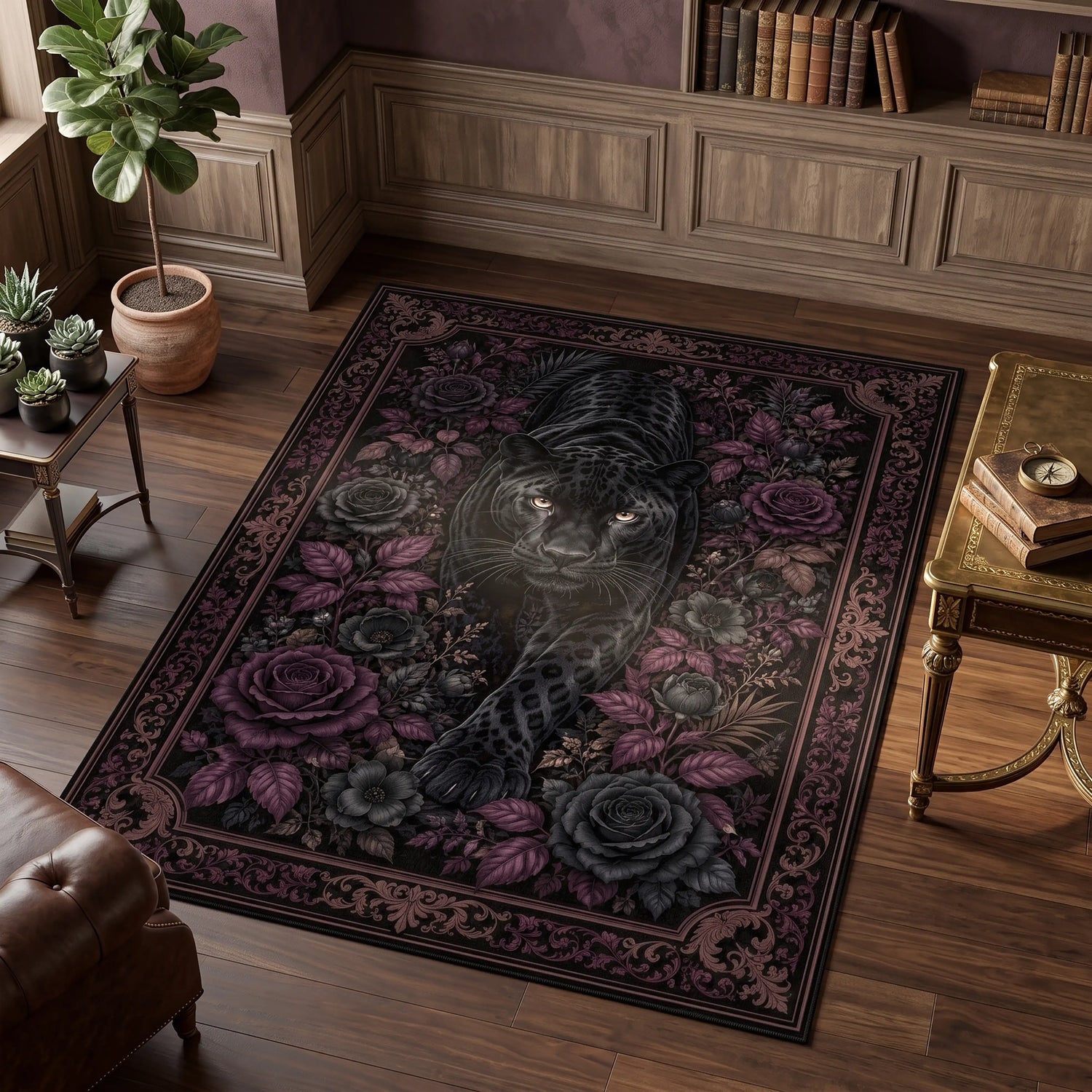 Siyah Panter Halı – Gotik Barok Koyu Mor Gül & Dark Floral Desenli