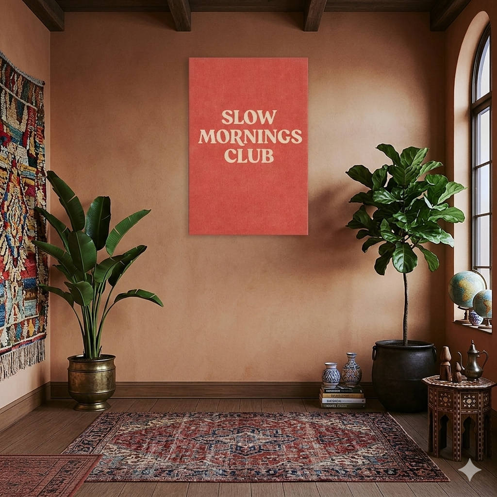 Slow Mornings Club Tipografi Kanvas Tablo
