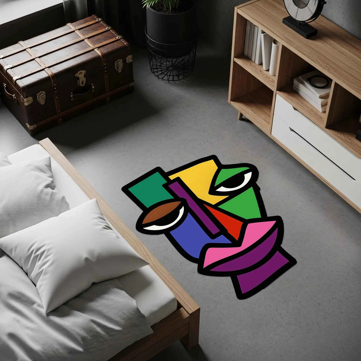 Soyut Yüz Tasarımlı Renkli Pop Art Dekoratif Halı | Kübist Sanat Temalı Amorf Modern Halı