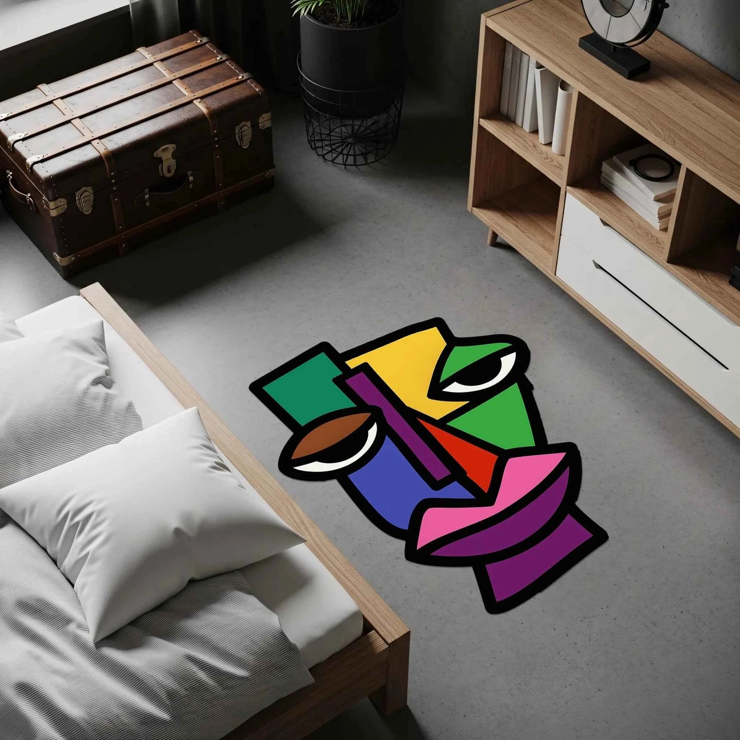 Soyut Yüz Tasarımlı Renkli Pop Art Dekoratif Halı | Kübist Sanat Temalı Amorf Modern Halı