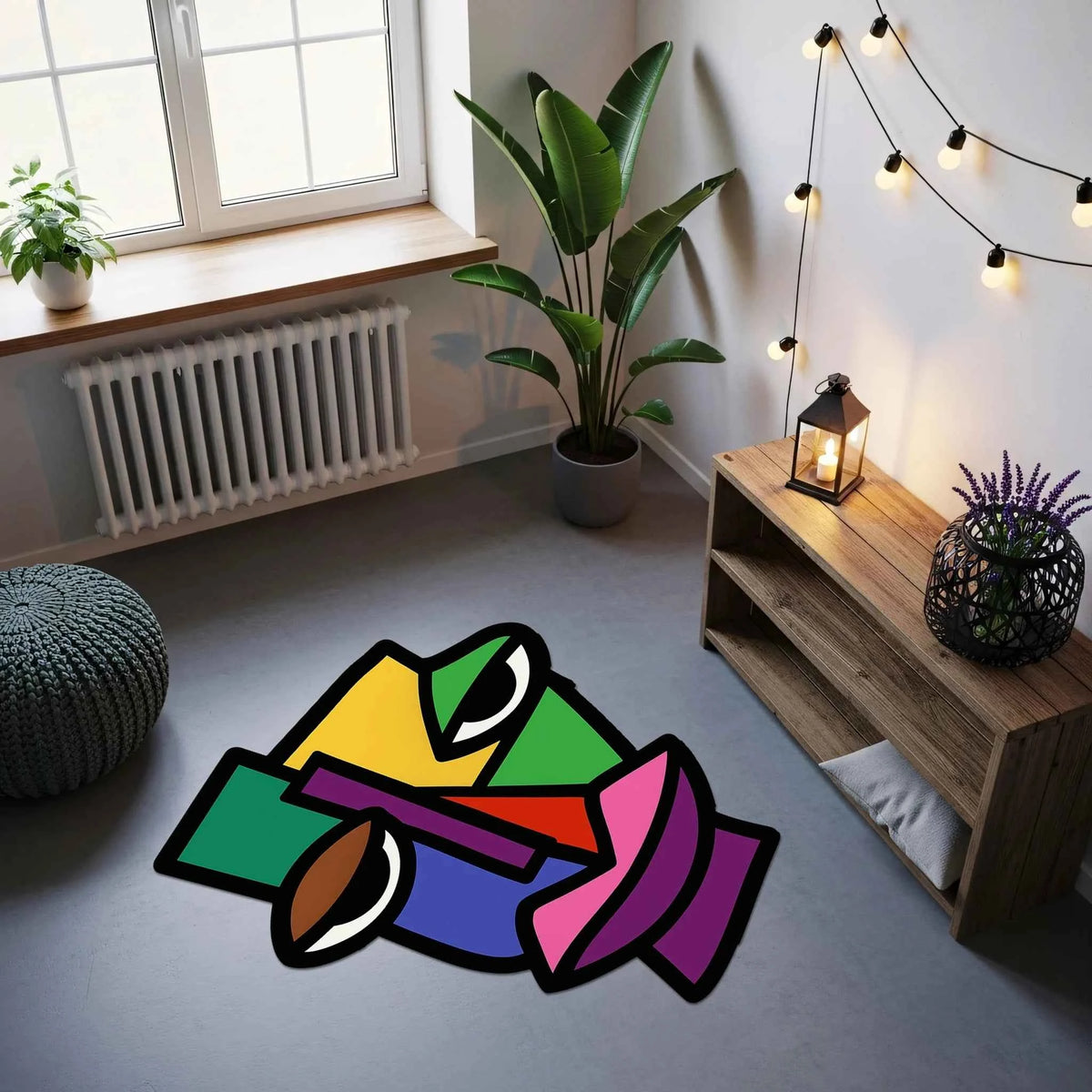 Soyut Yüz Tasarımlı Renkli Pop Art Dekoratif Halı | Kübist Sanat Temalı Amorf Modern Halı