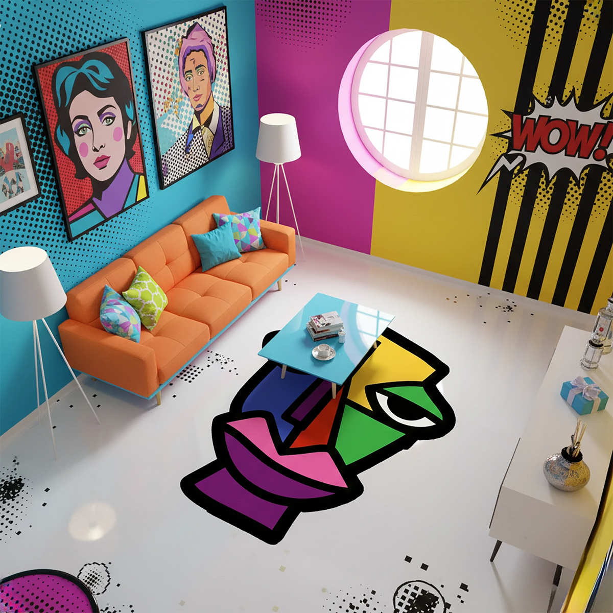 Soyut Yüz Tasarımlı Renkli Pop Art Dekoratif Halı | Kübist Sanat Temalı Amorf Modern Halı