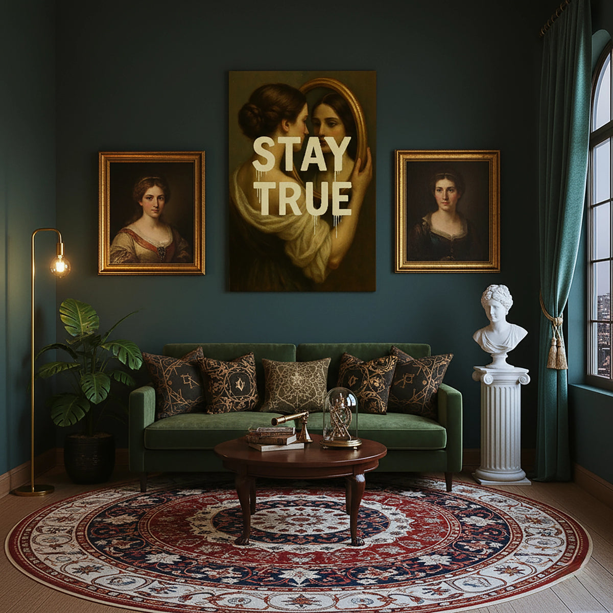 Çerçevesiz kanvas tablo, aynaya bakan kadın figürü ve STAY TRUE tipografisiyle tasarlanmış sanatsal ve duygusal bir duvar dekoru sunar. Yüksek çözünürlüklü baskı kalitesi sağlayan FabricUp dijital baskı, modern dekorasyon için estetik, premium ve dekoratif bir sanat eseri oluşturur.