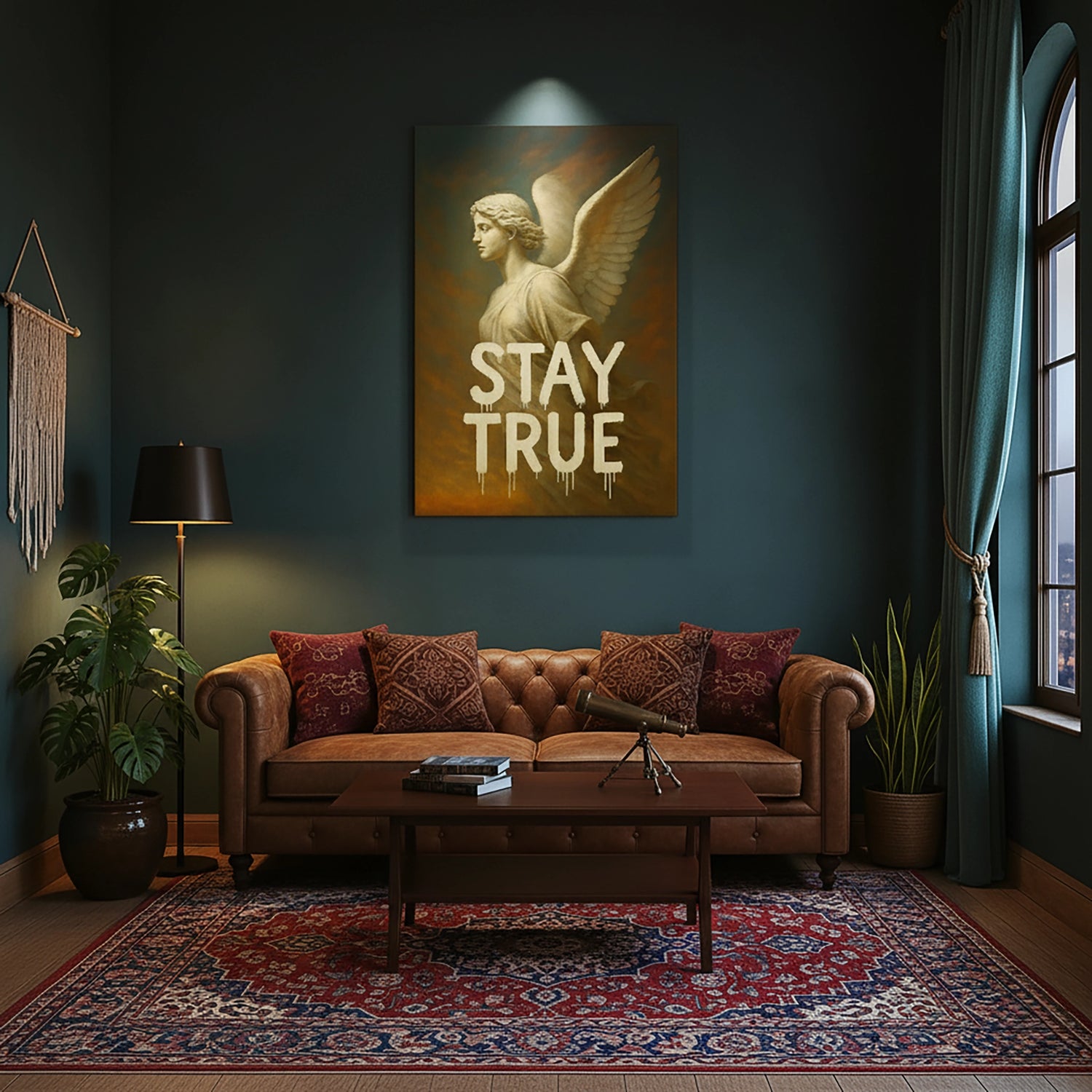 Çerçevesiz kanvas tablo, kanatlı klasik heykel figürü ve STAY TRUE tipografisiyle tasarlanmış ilham verici modern duvar dekoru sunar. Yüksek çözünürlüklü baskı kalitesine sahip FabricUp dijital baskı, estetik, premium ve motivasyon temalı dekorasyon için şık bir sanat eseridir.