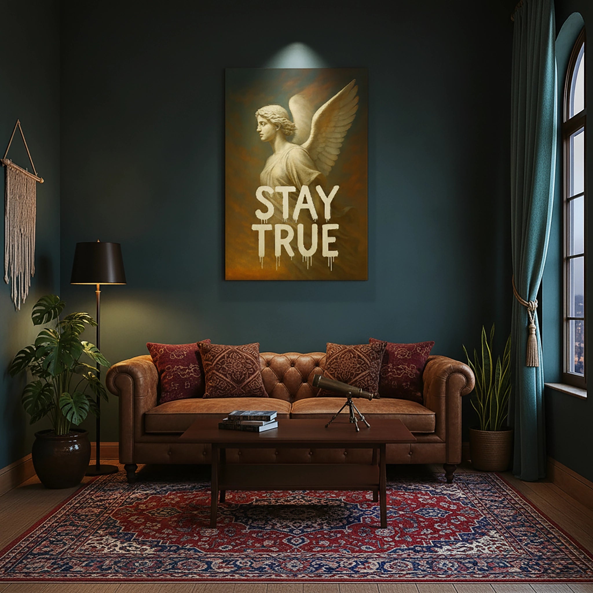 Çerçevesiz kanvas tablo, kanatlı klasik heykel figürü ve STAY TRUE tipografisiyle tasarlanmış ilham verici modern duvar dekoru sunar. Yüksek çözünürlüklü baskı kalitesine sahip FabricUp dijital baskı, estetik, premium ve motivasyon temalı dekorasyon için şık bir sanat eseridir.