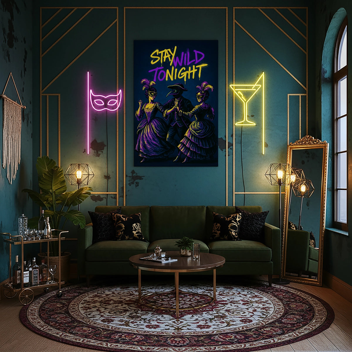 Çerçevesiz kanvas tablo, maskeli balo temalı figürler ve STAY WILD TONIGHT tipografisiyle tasarlanmış enerjik ve modern bir duvar dekoru sunar. Yüksek çözünürlüklü FabricUp dijital baskı kalitesi sayesinde estetik, premium ve dikkat çekici dekorasyon için ideal sanat eseridir.