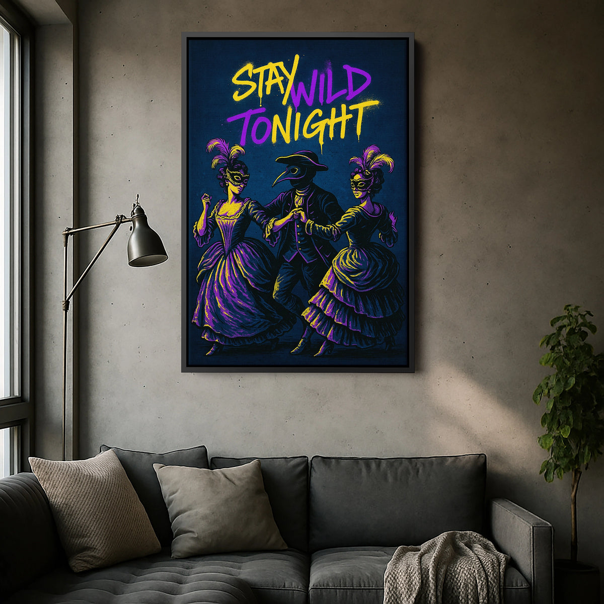 Siyah çerçeveli kanvas tablo, koyu arka plan ve neon renkli tipografiyle güçlü kontrast yaratan dekoratif duvar dekoru tasarımıdır. FabricUp dijital baskı teknolojisi ile üretilen yüksek çözünürlüklü baskı, net detaylar ve canlı renklerle modern kanvas tablo görünümü sağlar.