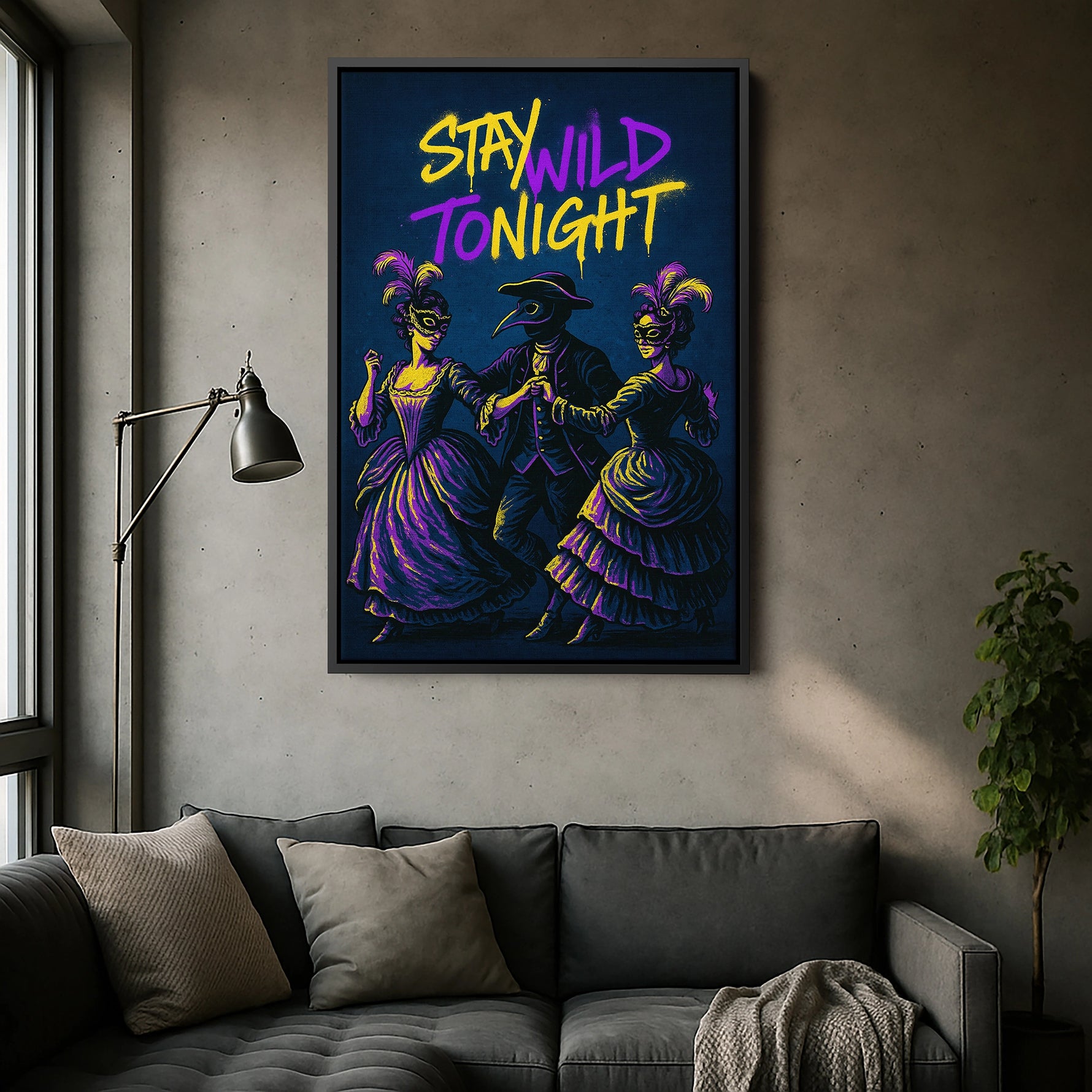 Siyah çerçeveli kanvas tablo, koyu arka plan ve neon renkli tipografiyle güçlü kontrast yaratan dekoratif duvar dekoru tasarımıdır. FabricUp dijital baskı teknolojisi ile üretilen yüksek çözünürlüklü baskı, net detaylar ve canlı renklerle modern kanvas tablo görünümü sağlar.