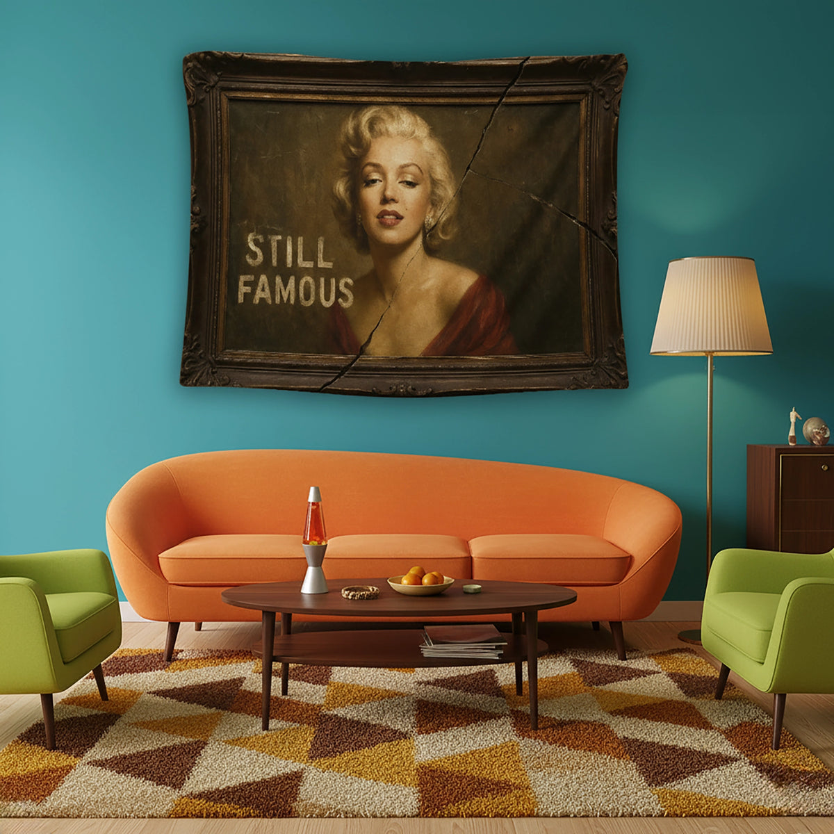 Vintage portre estetiğiyle tasarlanmış FabricUp duvar örtüsü, altın tonlu klasik kadın figürü ve “STILL FAMOUS” yazı detayıyla retro ve pop art karışımı güçlü bir dekor sunar. Yüksek çözünürlüklü dijital baskı sayesinde çatlak doku ve yüz detayları net ve gerçekçi görünür.