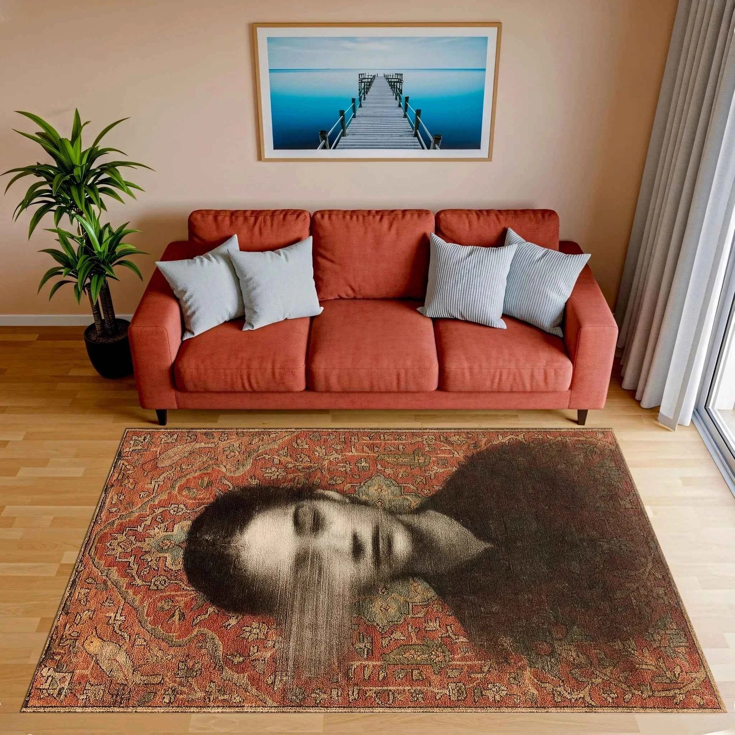 Sanatsal Silik Portre ve Geleneksel Desenli Dekoratif Halı