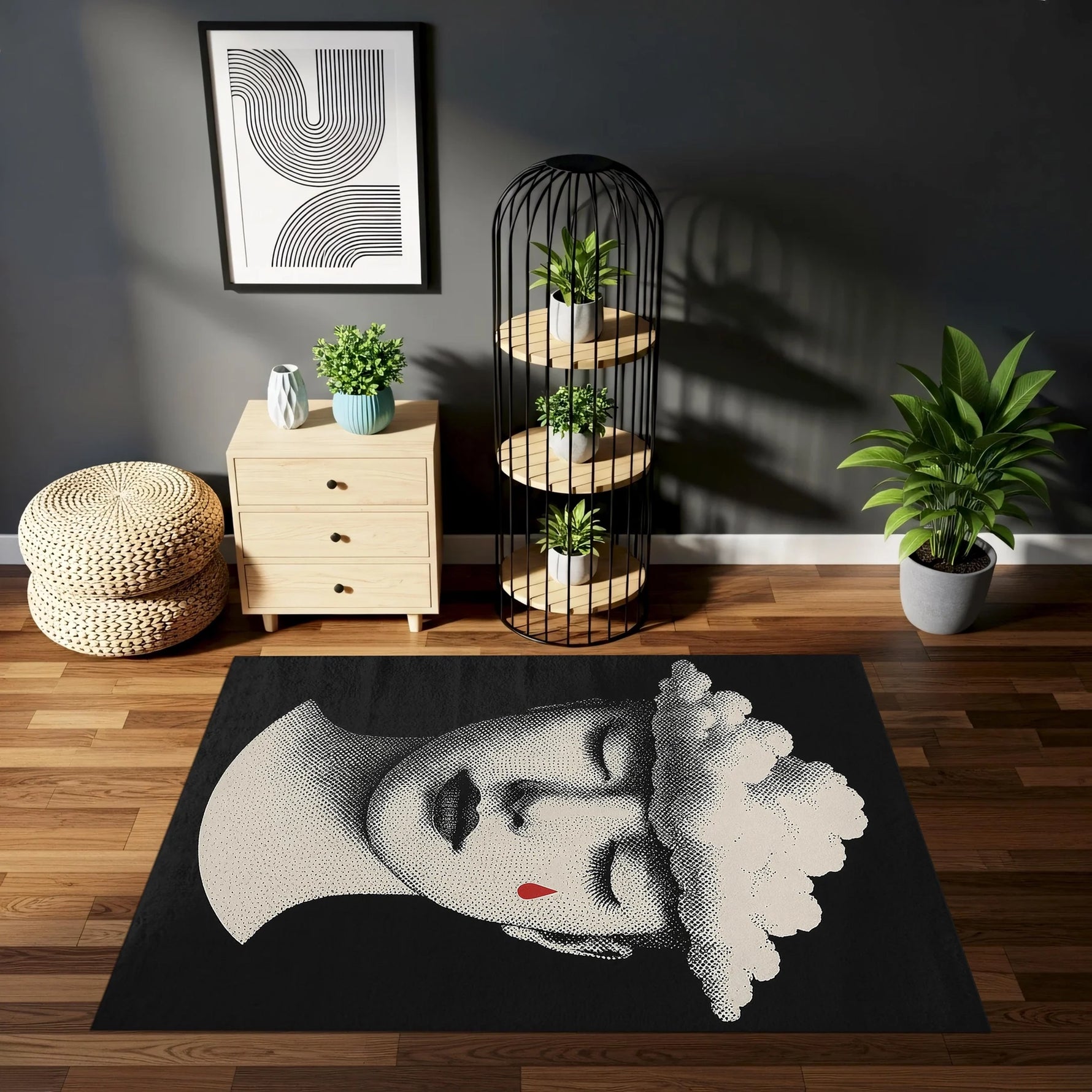 Sürreal figürlü dikdörtgen halı; kapalı gözlü kadın yüzü, bulut formu ve tek kırmızı damla motifiyle tasarlanmıştır. Monokrom renk yapısı sade bir zemin oluştururken, kırmızı detay dikkat çekici bir görsel etki yaratır.
