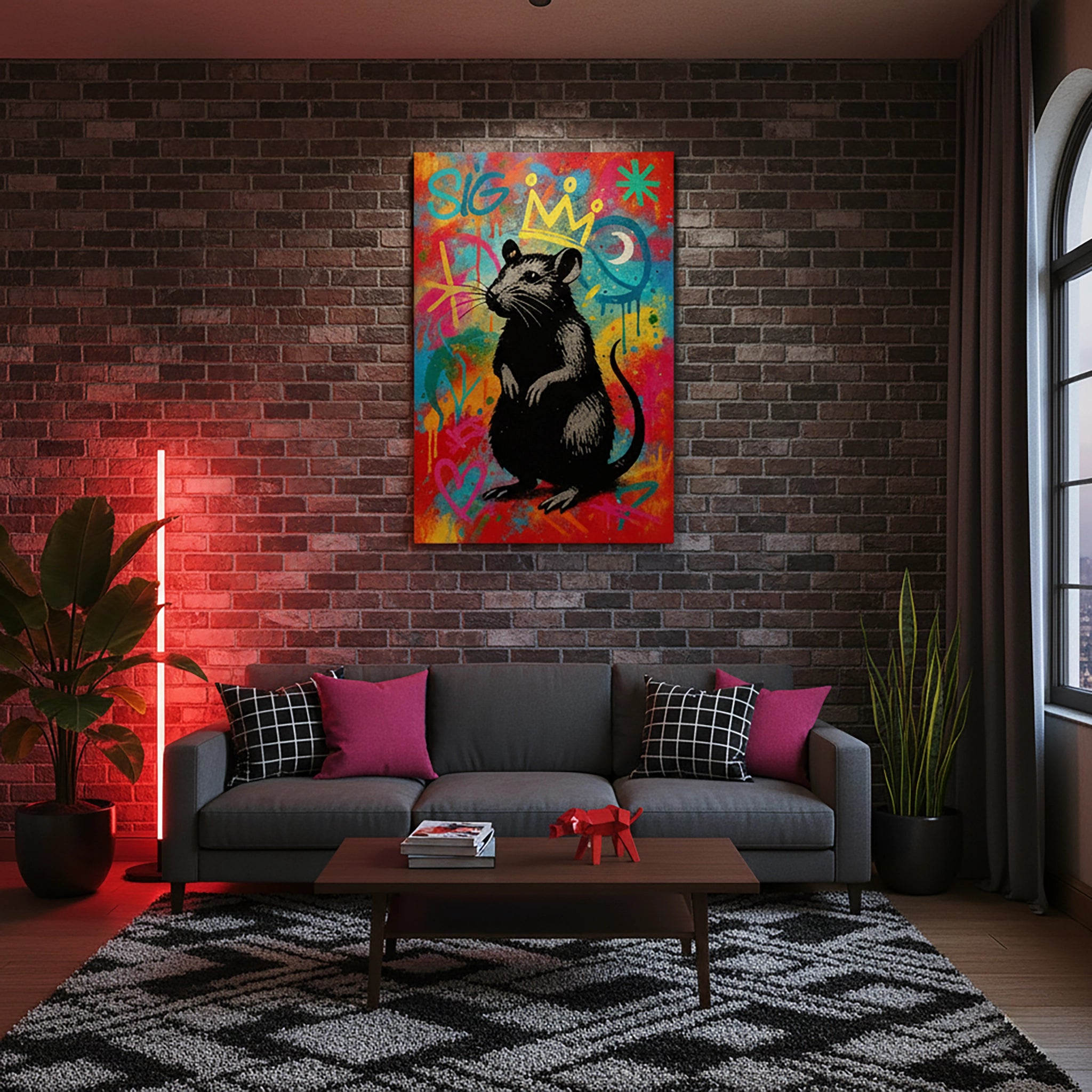 Çerçevesiz kanvas tablo, graffiti ve street art tarzında renkli sprey boya zemin üzerinde taçlı siyah fare illüstrasyonu ile modern ve dikkat çekici bir duvar dekoru sunar. Yüksek çözünürlüklü baskı kalitesine sahip FabricUp dijital baskı, estetik ve premium dekorasyon için idealdir.