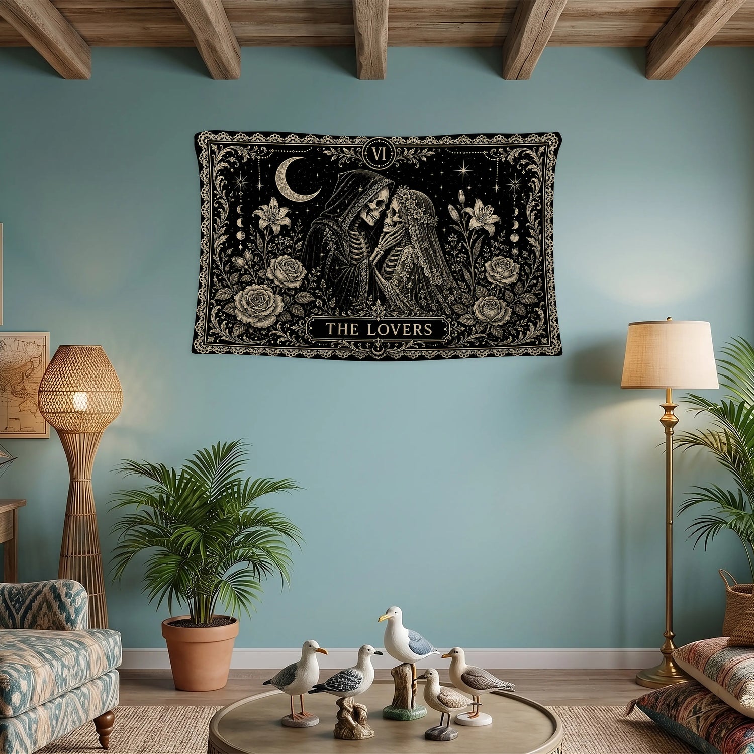 Tarot Duvar Örtüsü - The Lovers Azrail Kapüşonlu İskelet Çift Gül Gotik Tasarım