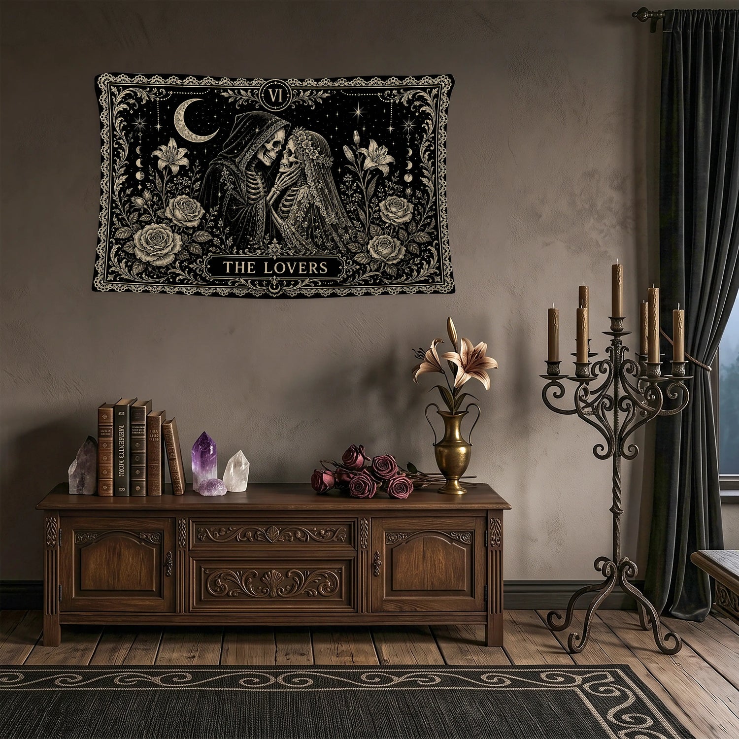 Tarot Duvar Örtüsü - The Lovers Azrail Kapüşonlu İskelet Çift Gül Gotik Tasarım