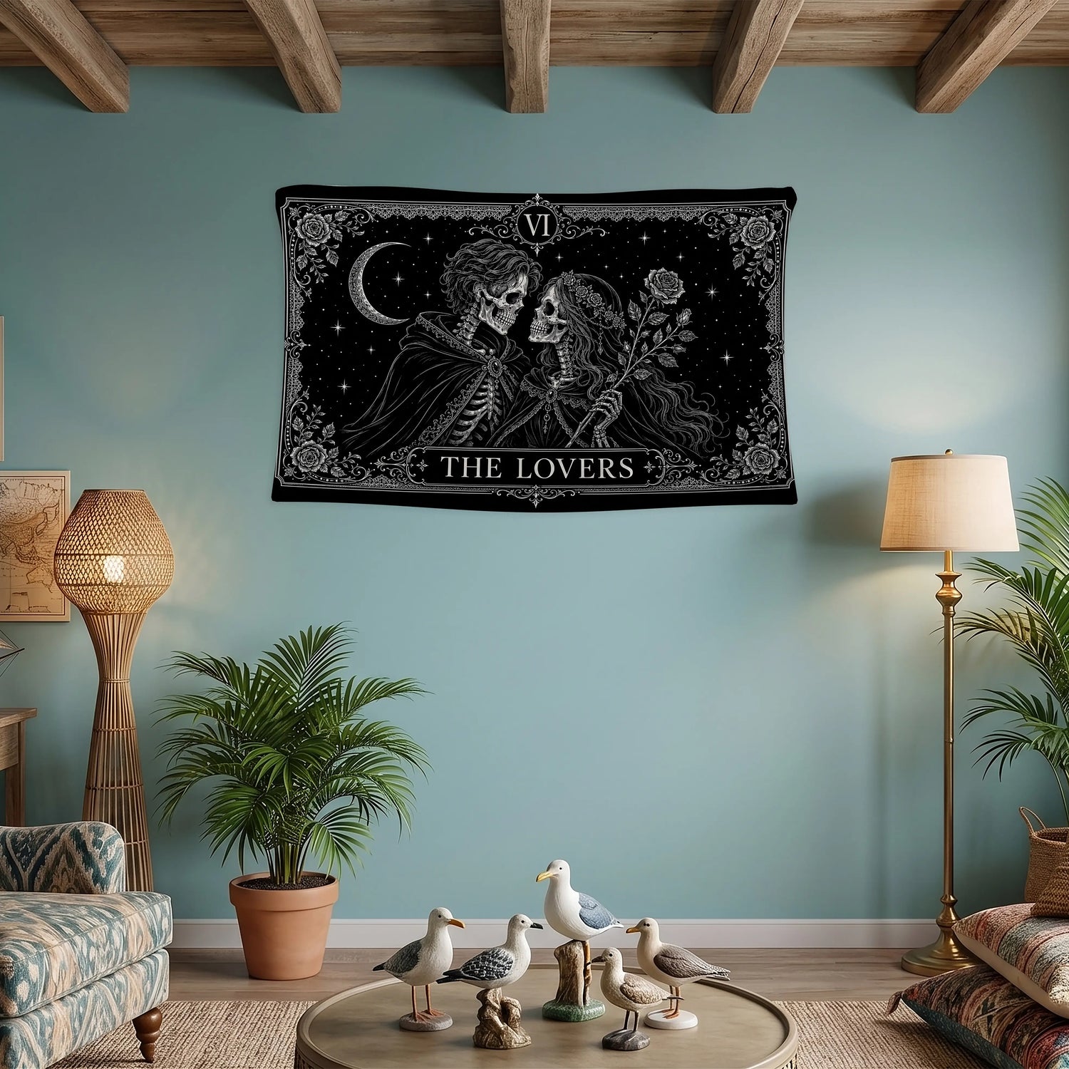 Tarot Duvar Örtüsü - The Lovers İskelet Çift Gotik Dark Romance Siyah Tasarım