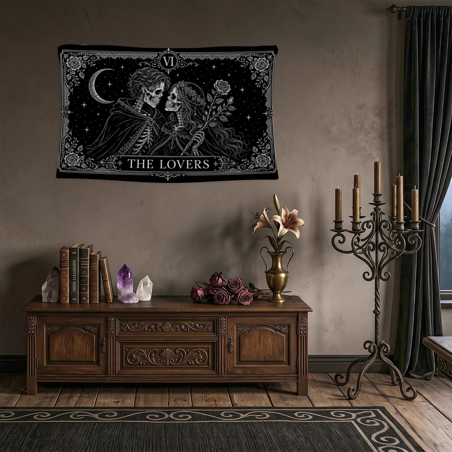 Tarot Duvar Örtüsü - The Lovers İskelet Çift Gotik Dark Romance Siyah Tasarım