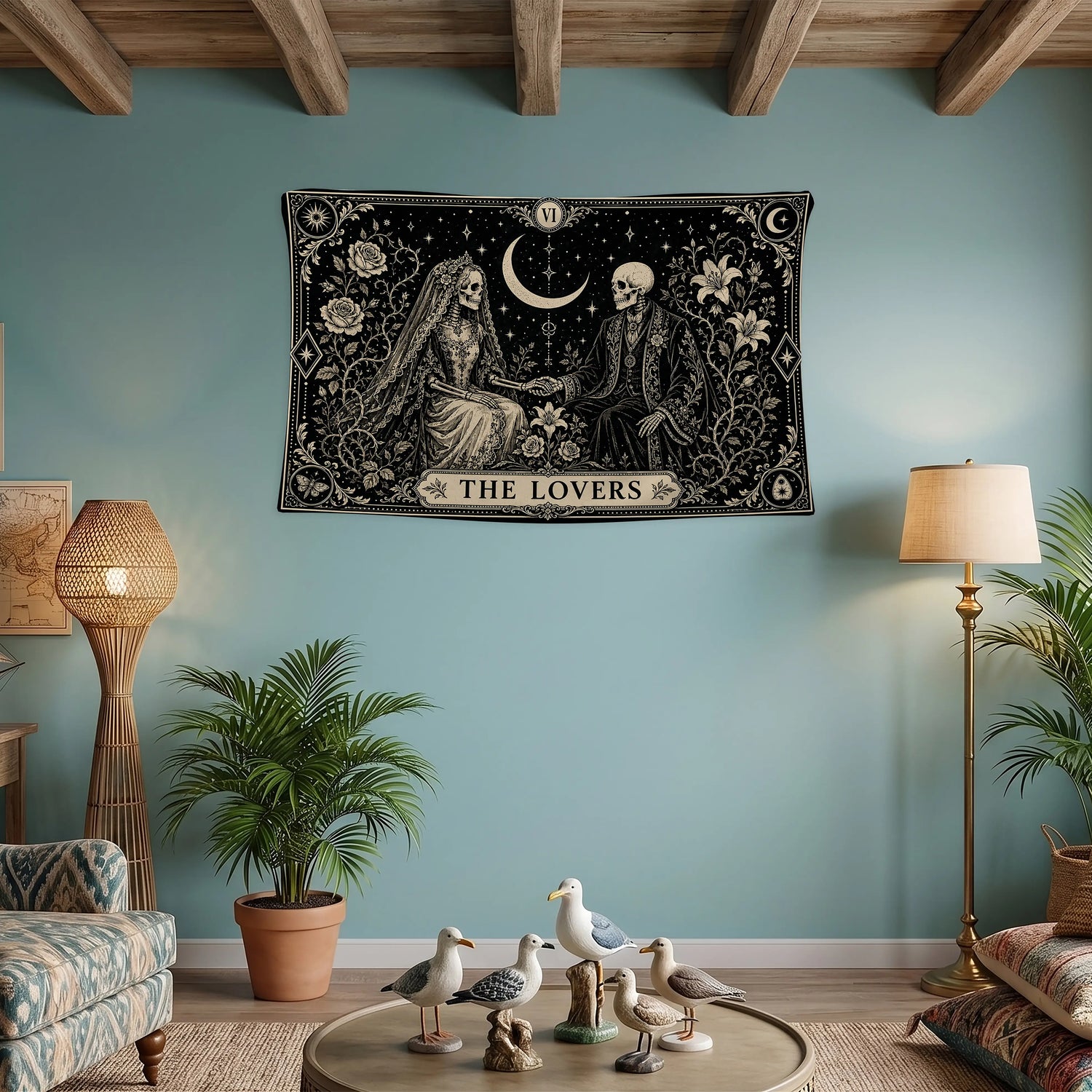 Tarot Duvar Örtüsü - The Lovers İskelet Gelin Damat Victorian Düğün Gotik Tasarım