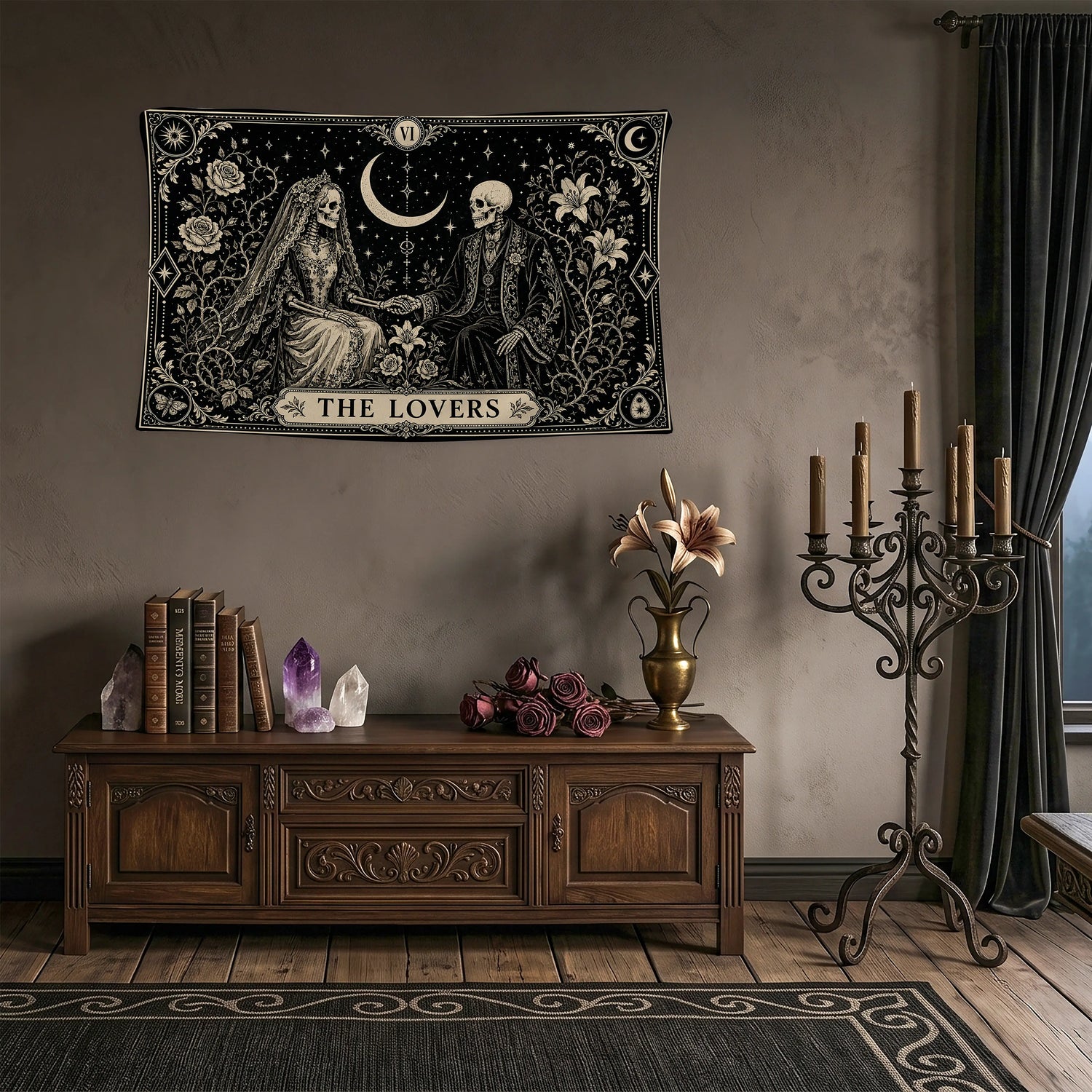 Tarot Duvar Örtüsü - The Lovers İskelet Gelin Damat Victorian Düğün Gotik Tasarım