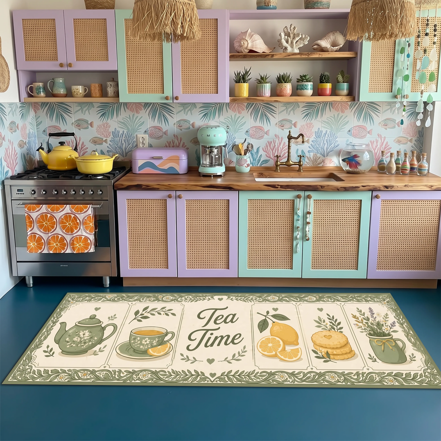 Çay Bisküvi Desenli Halı - Tea Time Mutfak Halısı