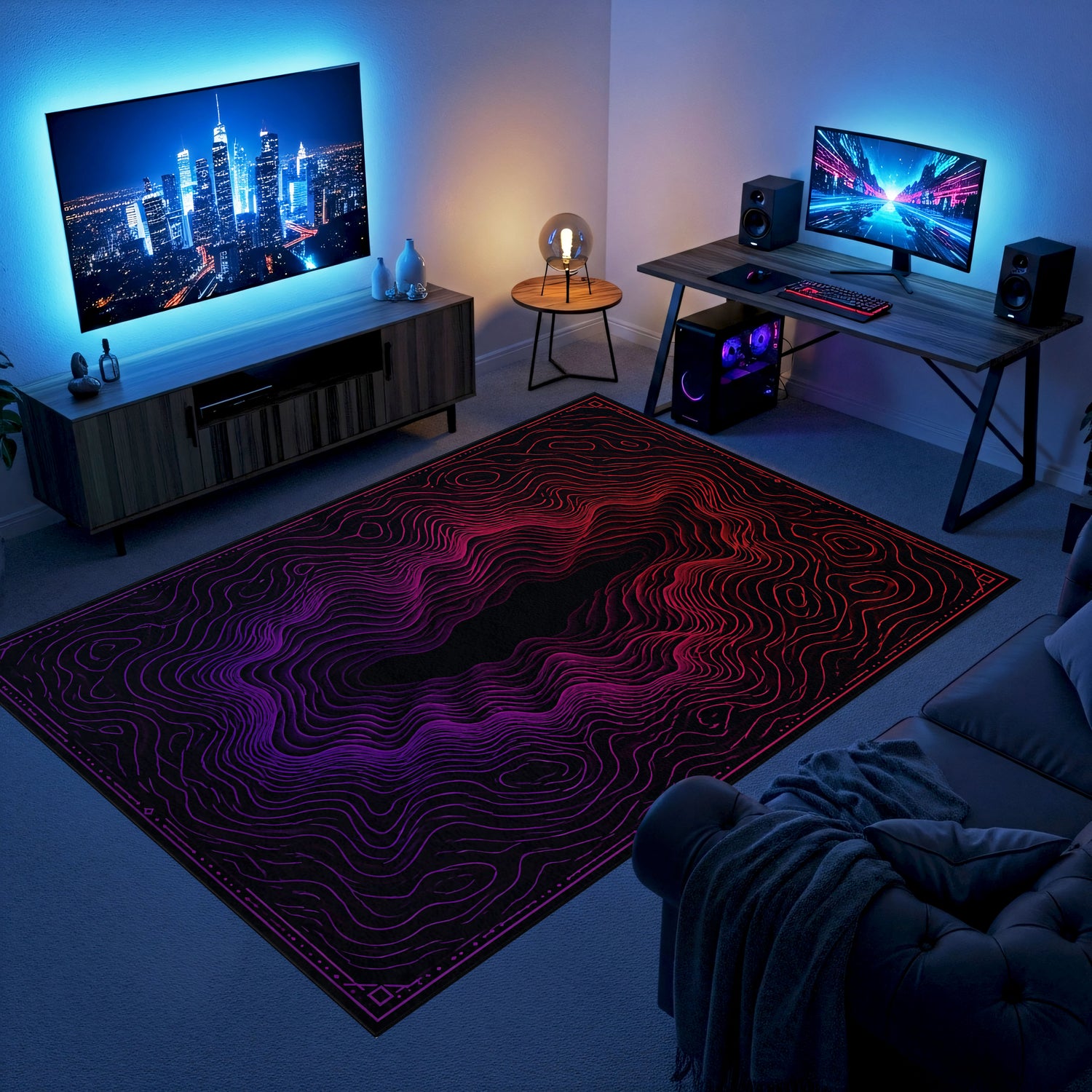 Topografik Dalga Gaming Halısı | Neon Mor Kırmızı Kontur Desen Siyah