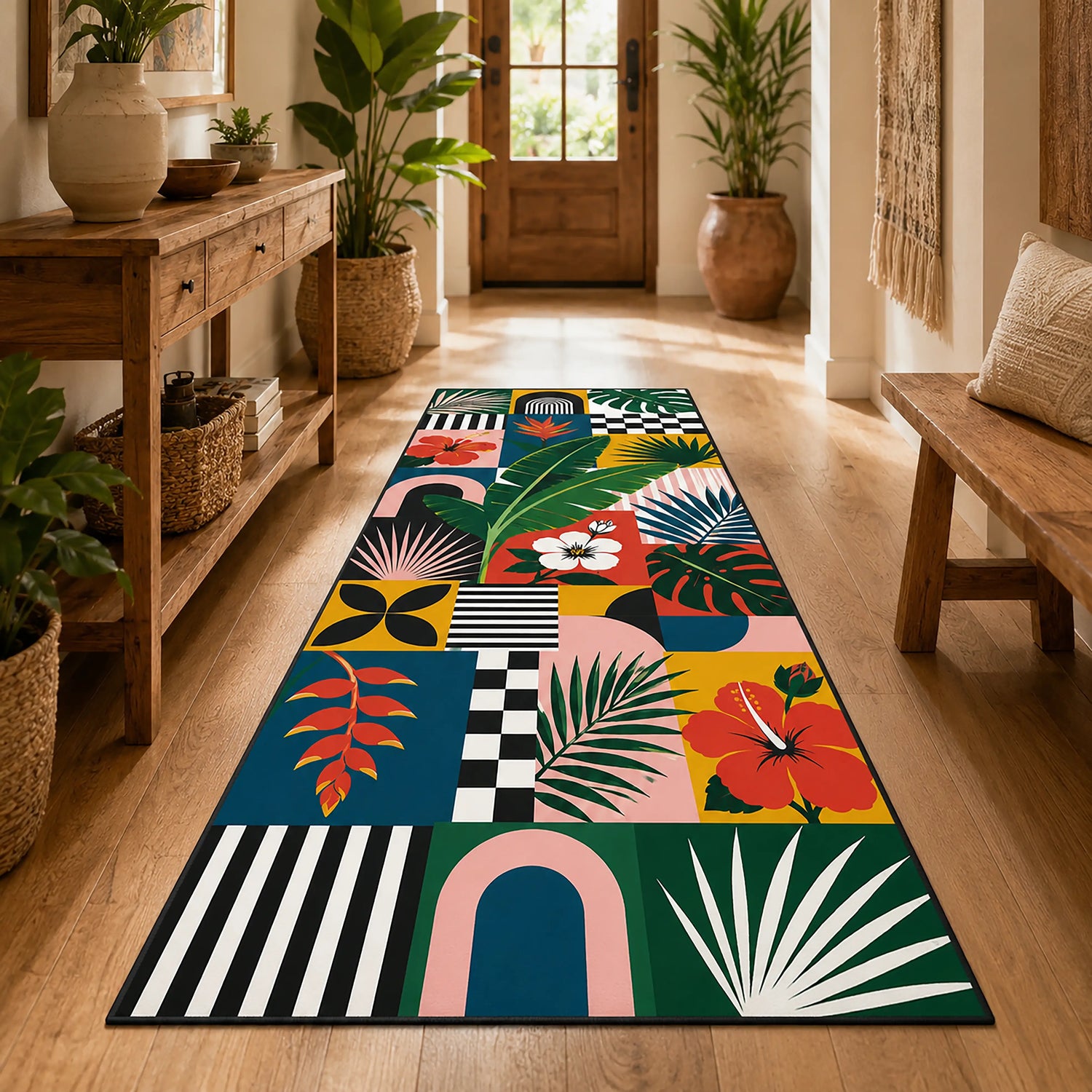 Tropikal Çiçek ve Yaprak Patchwork Koridor Halısı | Renkli Botanik