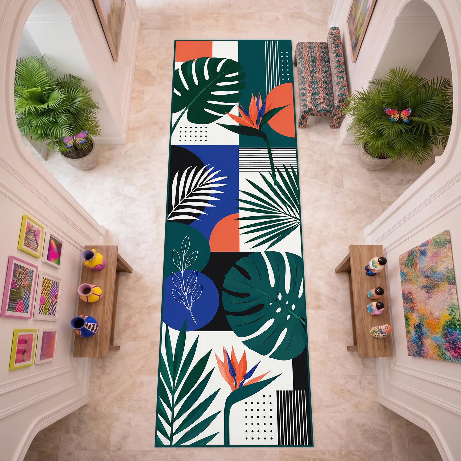 Tropikal Yaprak Geometrik Patchwork Koridor Halısı | Modern Botanik