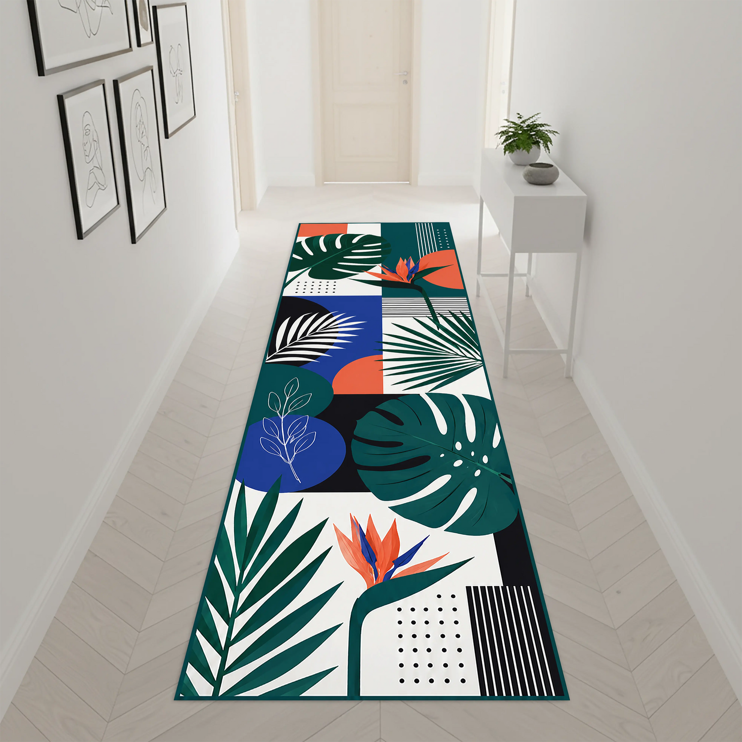 Tropikal Yaprak Geometrik Patchwork Koridor Halısı | Modern Botanik