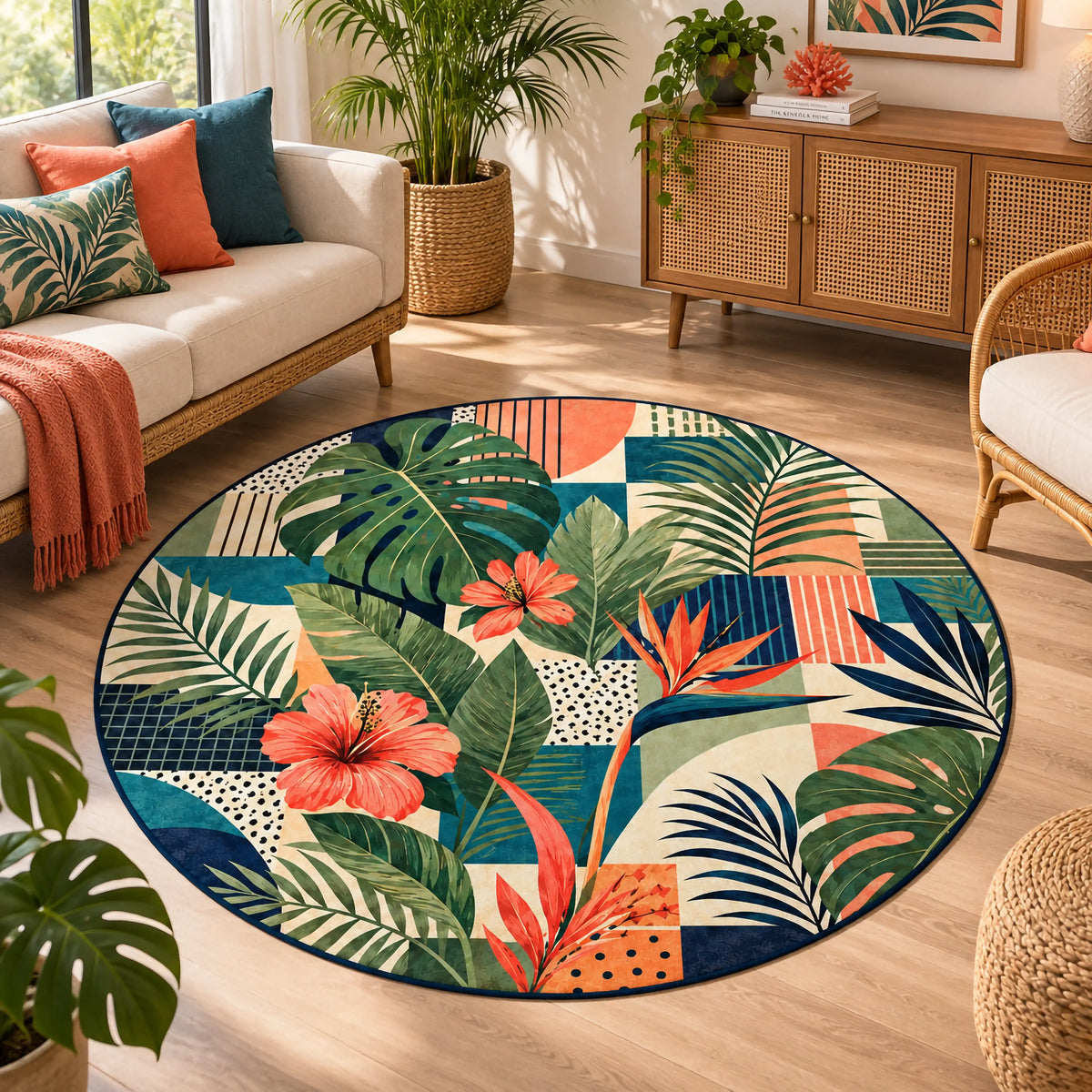 tropikal-yaprak-hibiskus-cicekli-yuvarlak-hali-devetabani-modern-salon