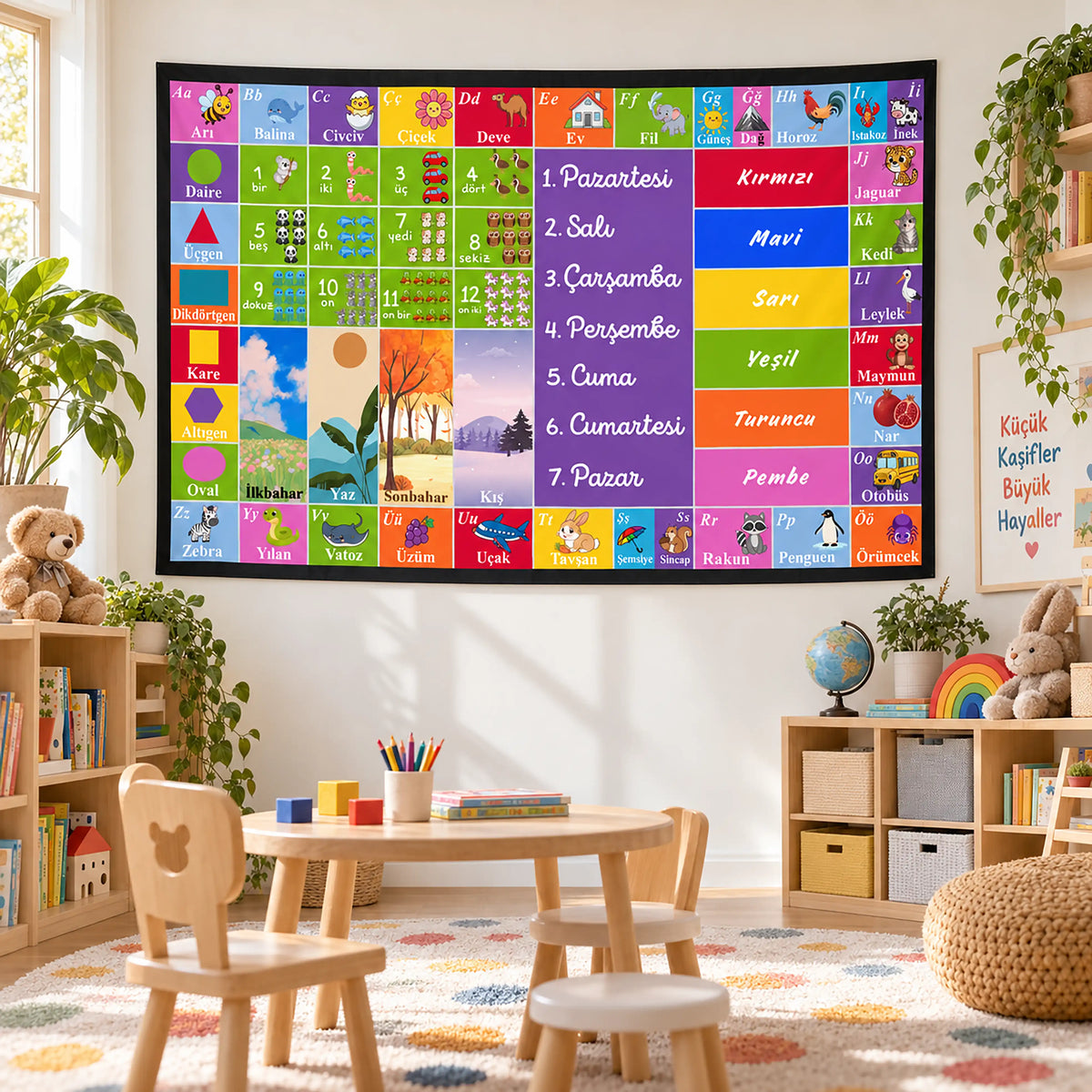 Türkçe Eğitici Alfabe ve Sayılar Duvar Örtüsü - Montessori Okul Öncesi Eğitici Kumaş Duvar Örtüsü
