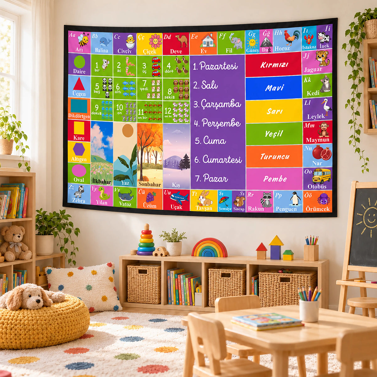 Türkçe Eğitici Alfabe ve Sayılar Duvar Örtüsü - Montessori Okul Öncesi Eğitici Kumaş Duvar Örtüsü