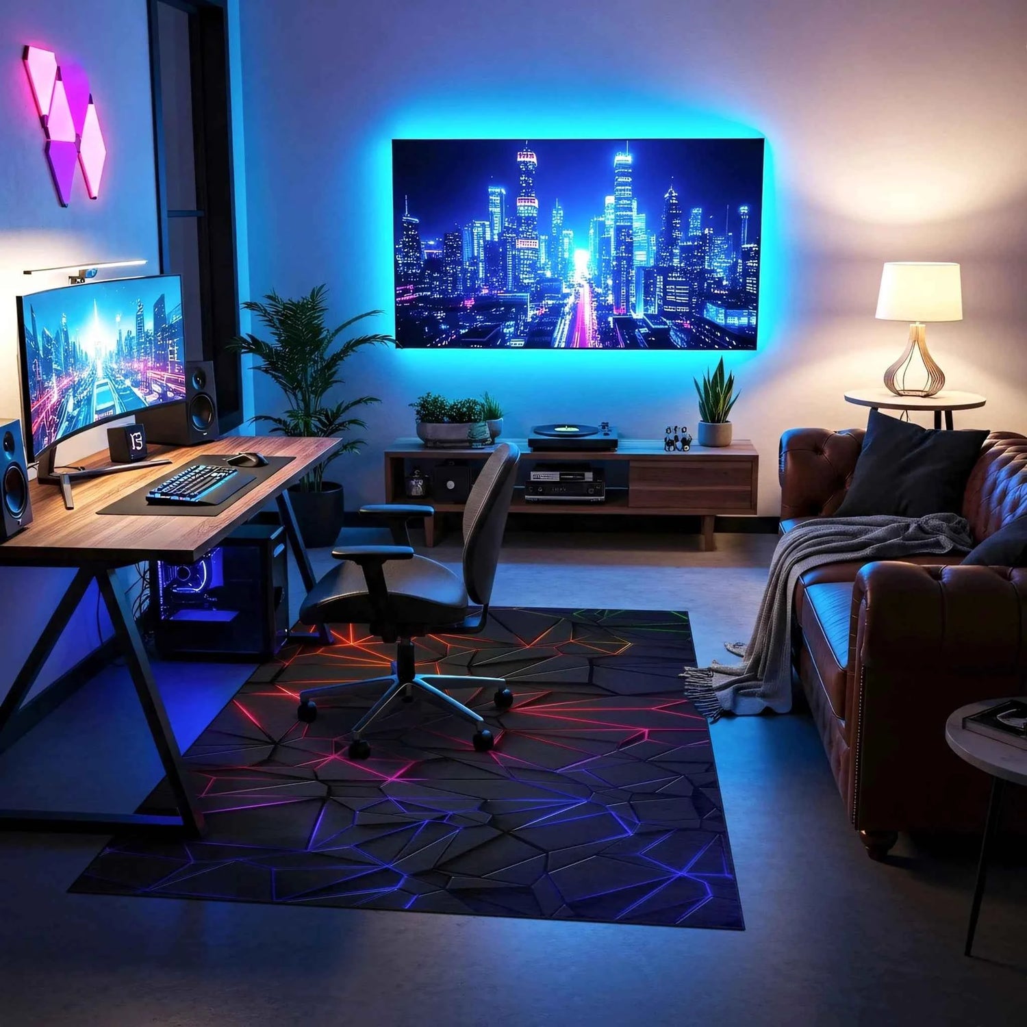 3D Görünümlü Neon Işık Sızmalı Geometrik Gamer Halısı