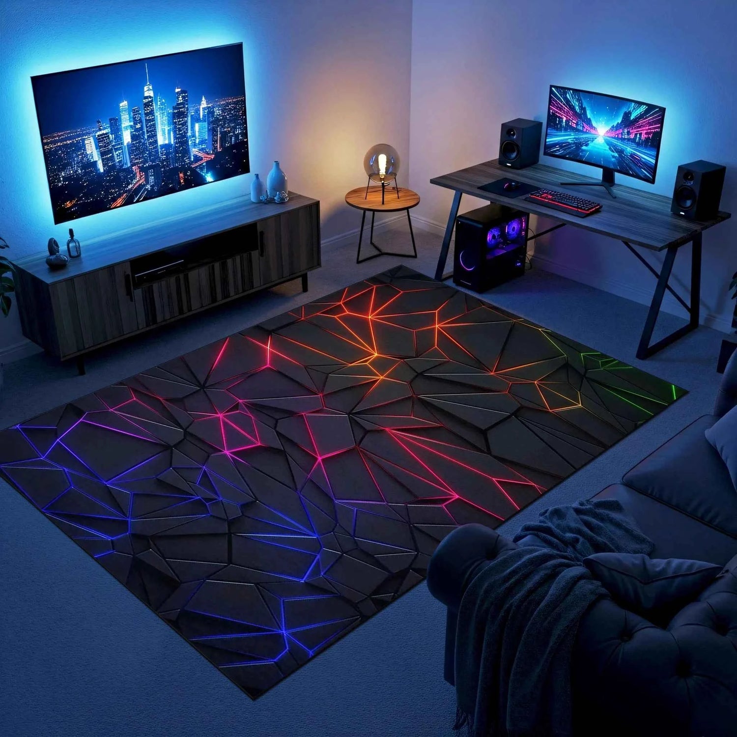 3D Görünümlü Neon Işık Sızmalı Geometrik Gamer Halısı