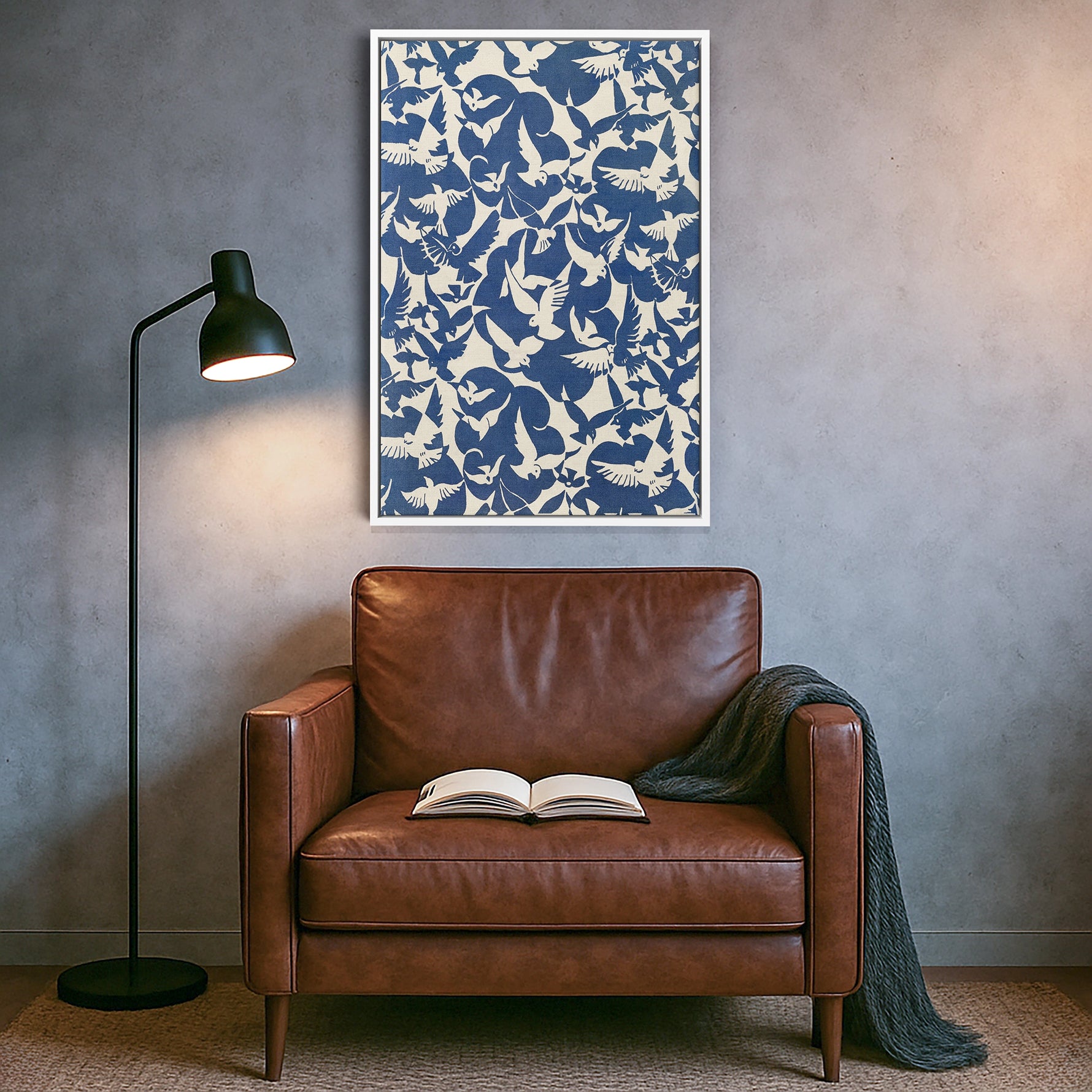 Beyaz çerçeveyle sunulan mavi kuş motifli kanvas tablo, ferah ve sade görünümüyle modern iç mekanlara uyum sağlar. Temiz çizgiler ve net baskı dokusu sayesinde salon, yatak odası ve ofis duvarlarında estetik bir atmosfer oluşturan FabricUp üretimi dekoratif tablodur.