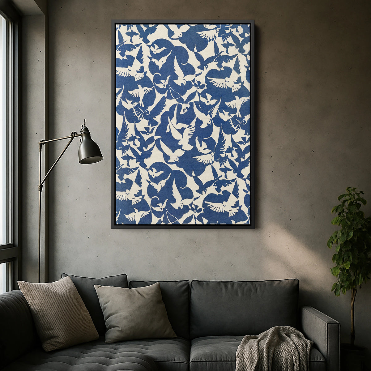 Siyah çerçeveli kuş desenli modern kanvas tablo, koyu çerçeve kontrastıyla mavi beyaz grafik tasarımı daha belirgin hale getirir. Yüksek çözünürlüklü baskı sayesinde desenler net görünür, salon ve çalışma alanlarında çağdaş ve stil sahibi bir FabricUp dekor sunar.