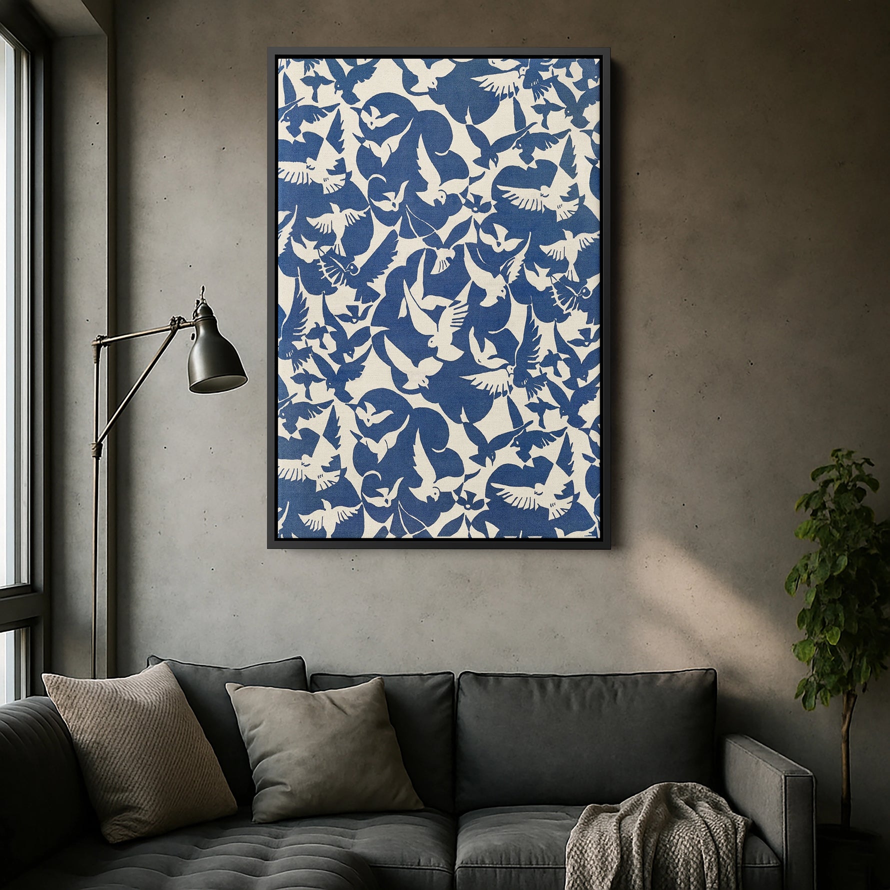 Siyah çerçeveli kuş desenli modern kanvas tablo, koyu çerçeve kontrastıyla mavi beyaz grafik tasarımı daha belirgin hale getirir. Yüksek çözünürlüklü baskı sayesinde desenler net görünür, salon ve çalışma alanlarında çağdaş ve stil sahibi bir FabricUp dekor sunar.