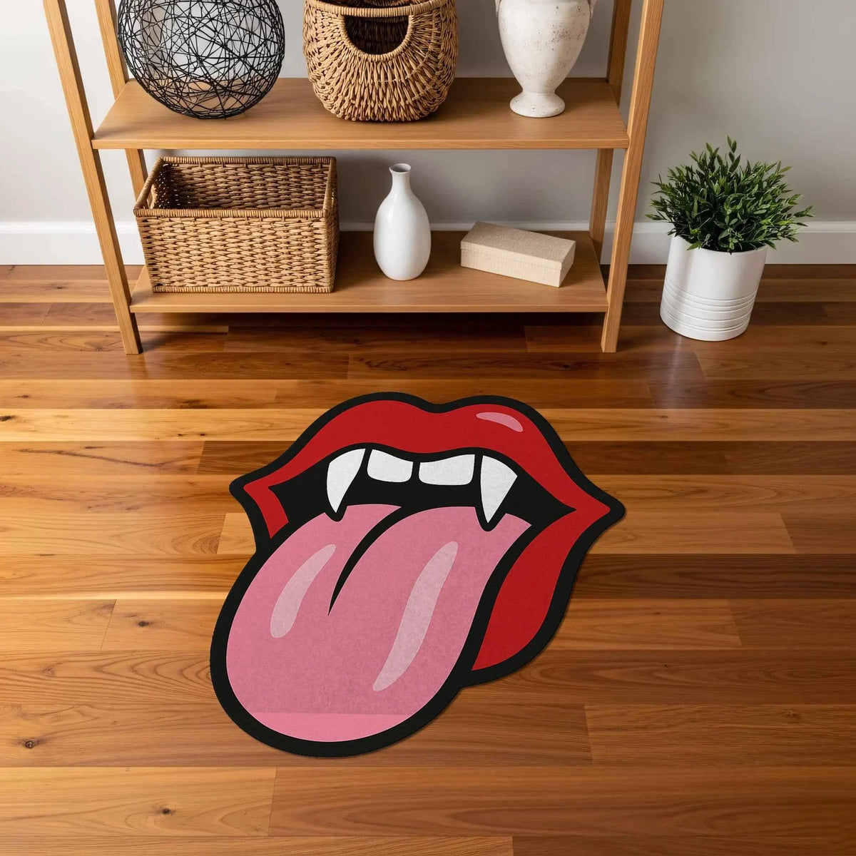 Vampir Dişli ve Dil Figürlü Kırmızı Dudak Şekilli Pop-Art Halı