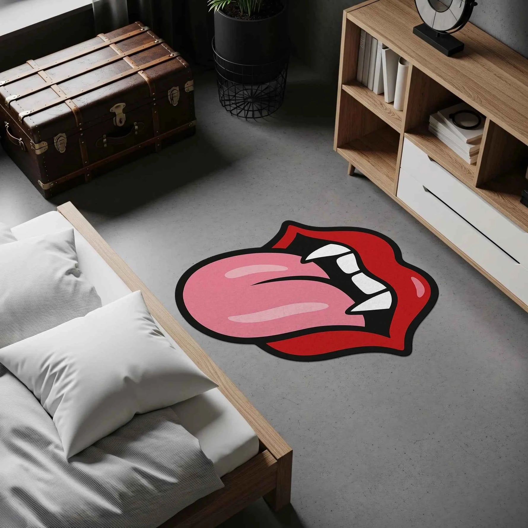 Vampir Dişli ve Dil Figürlü Kırmızı Dudak Şekilli Pop-Art Halı