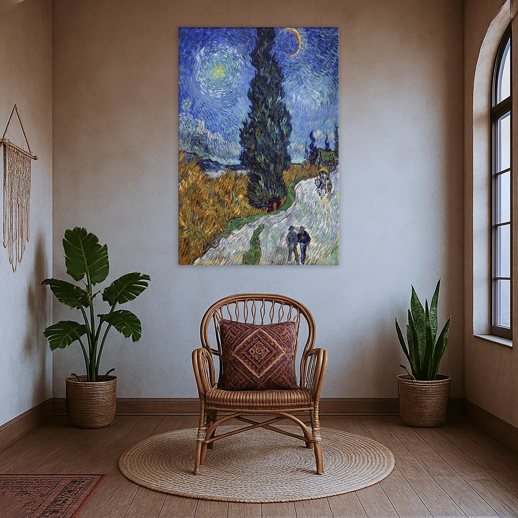 Yıldızlı gece gökyüzü, kıvrımlı fırça darbeleri ve selvi ağacı manzarasıyla tasarlanmış çerçevesiz kanvas tablo, empresyonist sanat estetiğini modern dekorasyona taşır. Canlı mavi ve sarı tonlar yüksek çözünürlüklü baskıyla öne çıkar, salon ve ofisler için şık bir FabricUp duvar sanatı.
