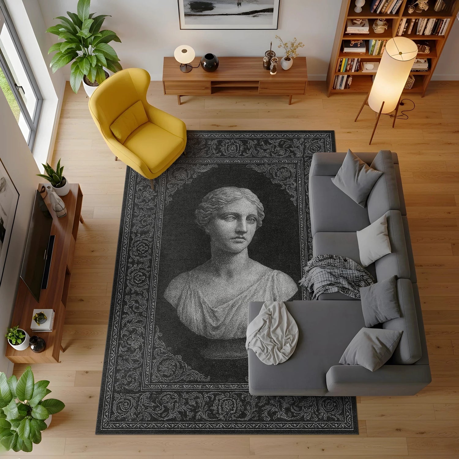 Koyu siyah-gri zemin üzerinde merkezde antik heykel estetiğinde betimlenmiş kadın büstü figürü bulunan sanatsal halı; mermer doku hissi veren yüz ve drape detayları, etrafında ince çizgili klasik floral bordür, dengeli ve zamansız kompozisyon.